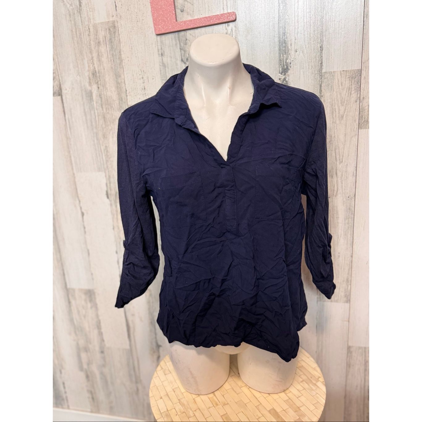 Merona Merona Navy Blue Collared 3/4 Sleeve Blouse XL Size XL / US 12-14 / IT 48-50 - 2 Thumbnail