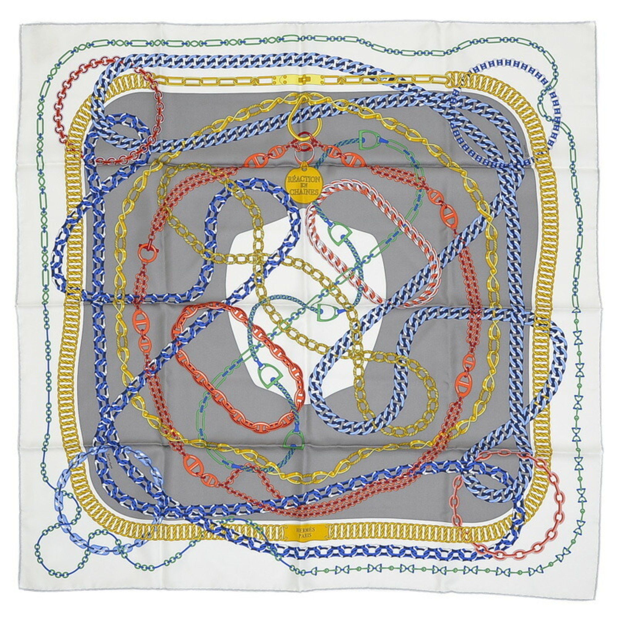 image of Hermes Carre 90 Scarf Cushion Ancienne Gris White Multicolor 100% Silk, Women's