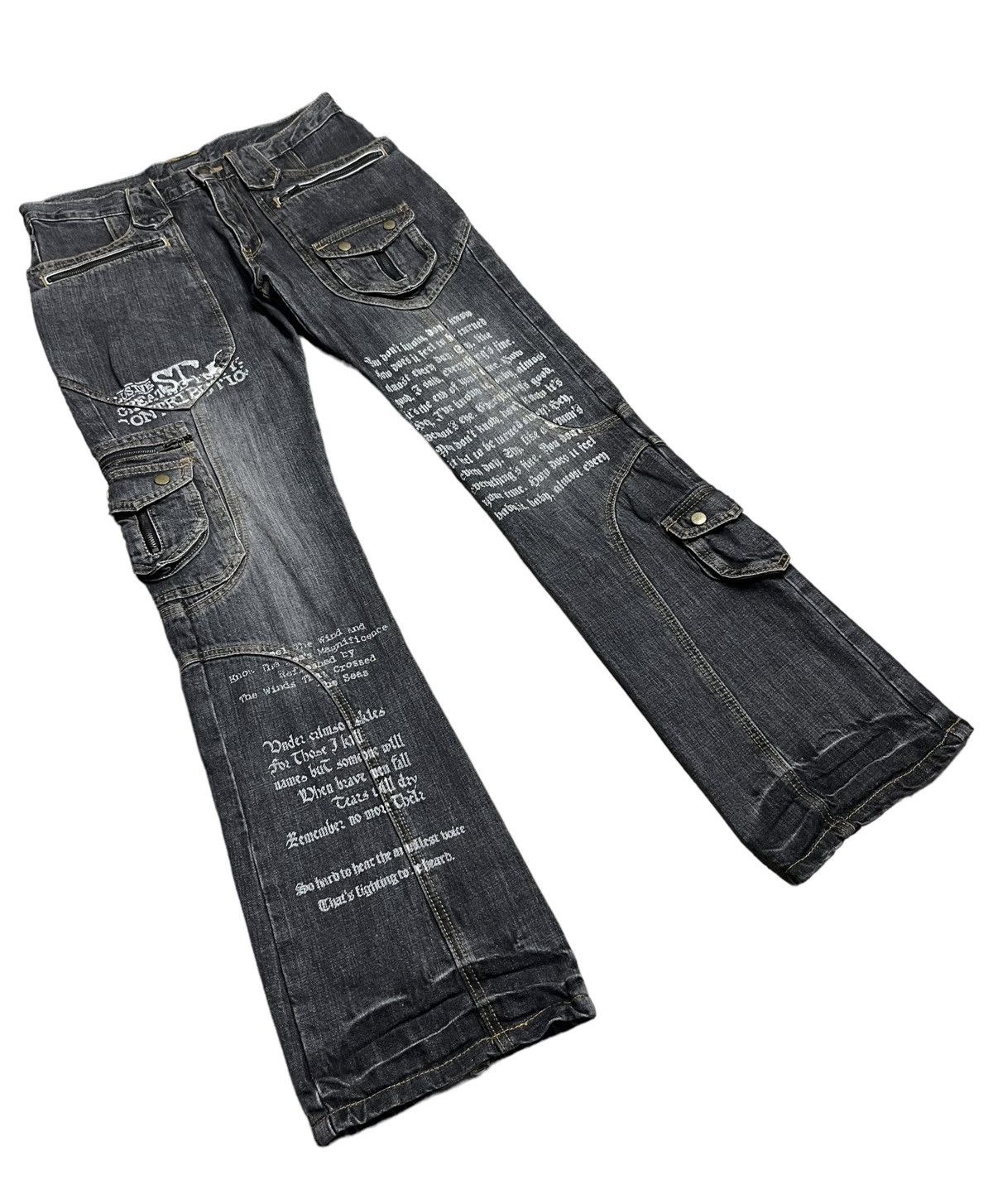 If Six Was Nine 🔥EVOLUTION Retro Punk Poems Multipocket Flare Denim Jeans Size US 31 - 5 Thumbnail