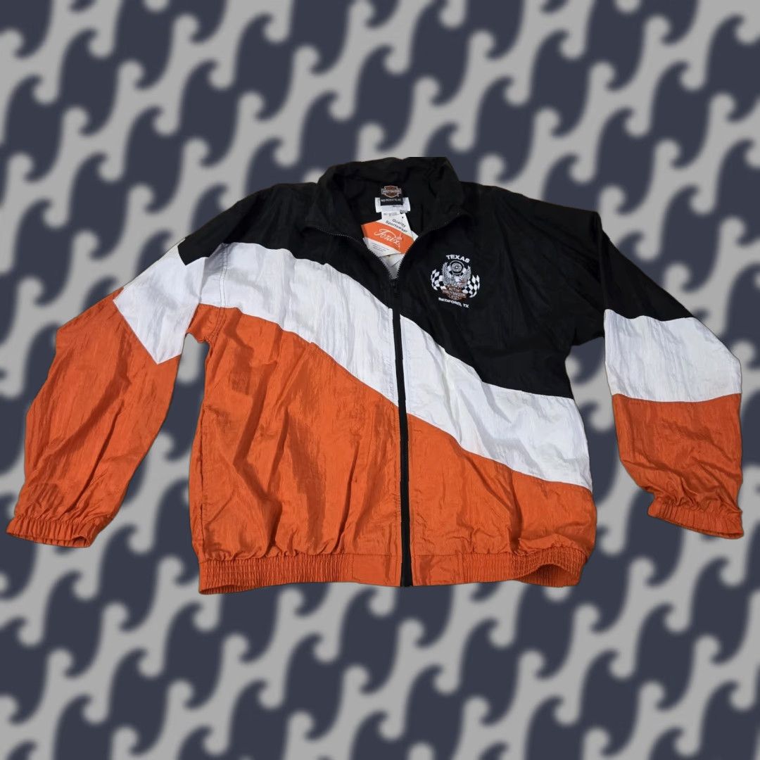 Harley Davidson VINTAGE Harley-Davidson Jacket Mens Large Nylon Texas Bedford 90s Windbreaker Black Orange White Zip Embroidered Logo Zipper Full Zip Lined Size US L / EU 52-54 / 3 - 1 Thumbnail