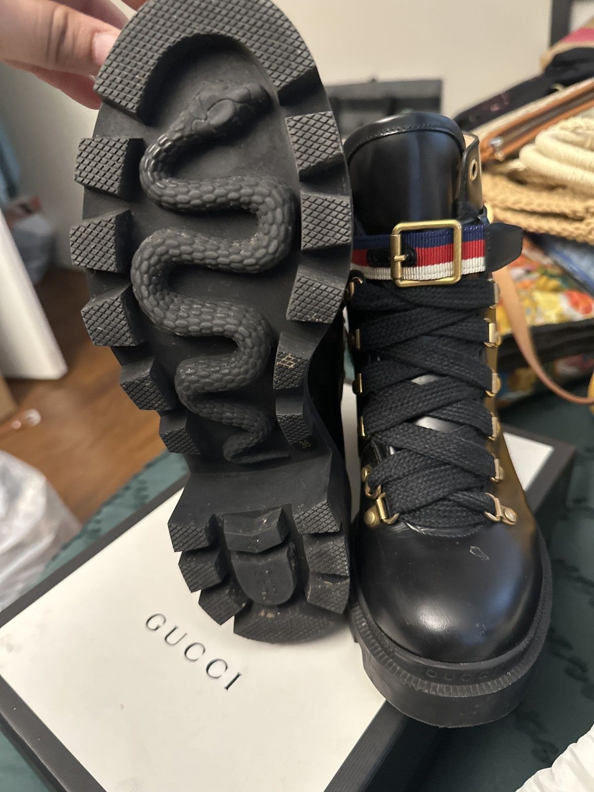 Gucci Leather Ankle Booth with Sylvie Web Size US 6 / IT 36 - 1 Thumbnail