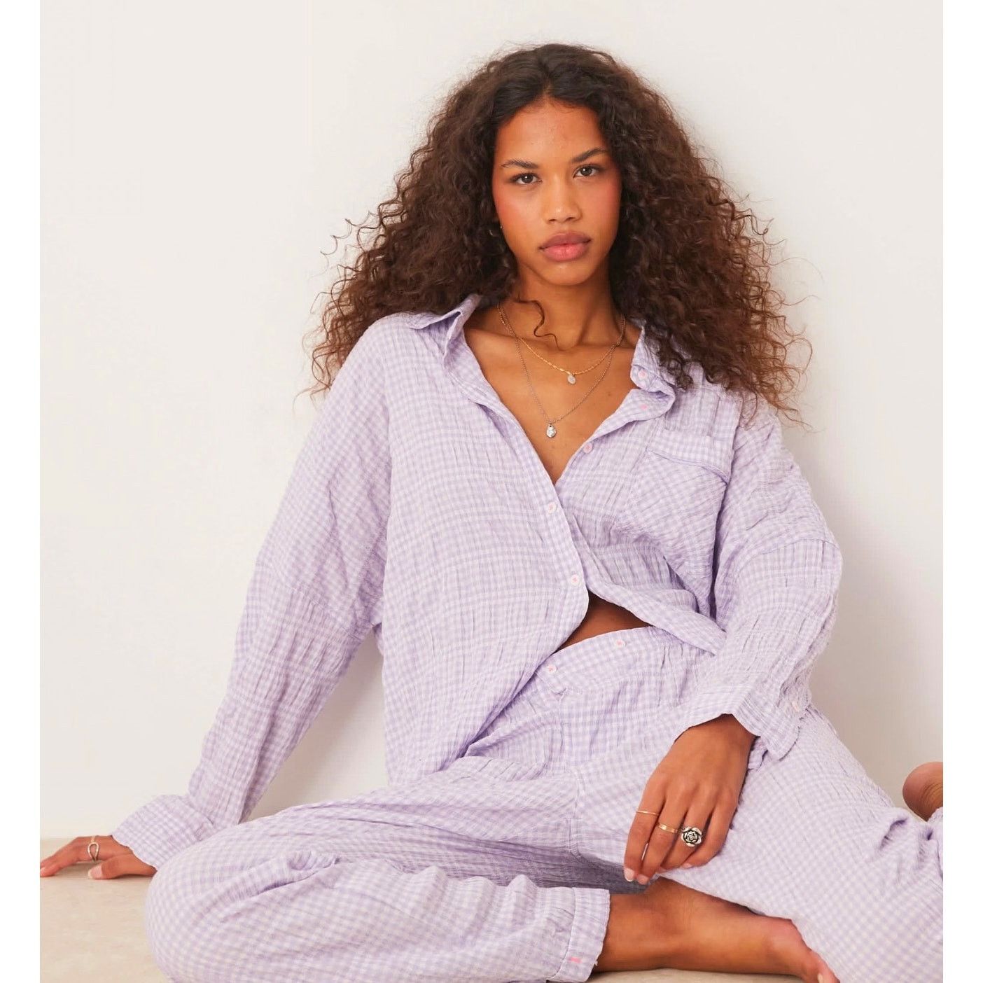 Free People Free People Textured Pajama Shirt Mini Dress in Lilac Medium Size M / US 6-8 / IT 42-44 - 5 Thumbnail
