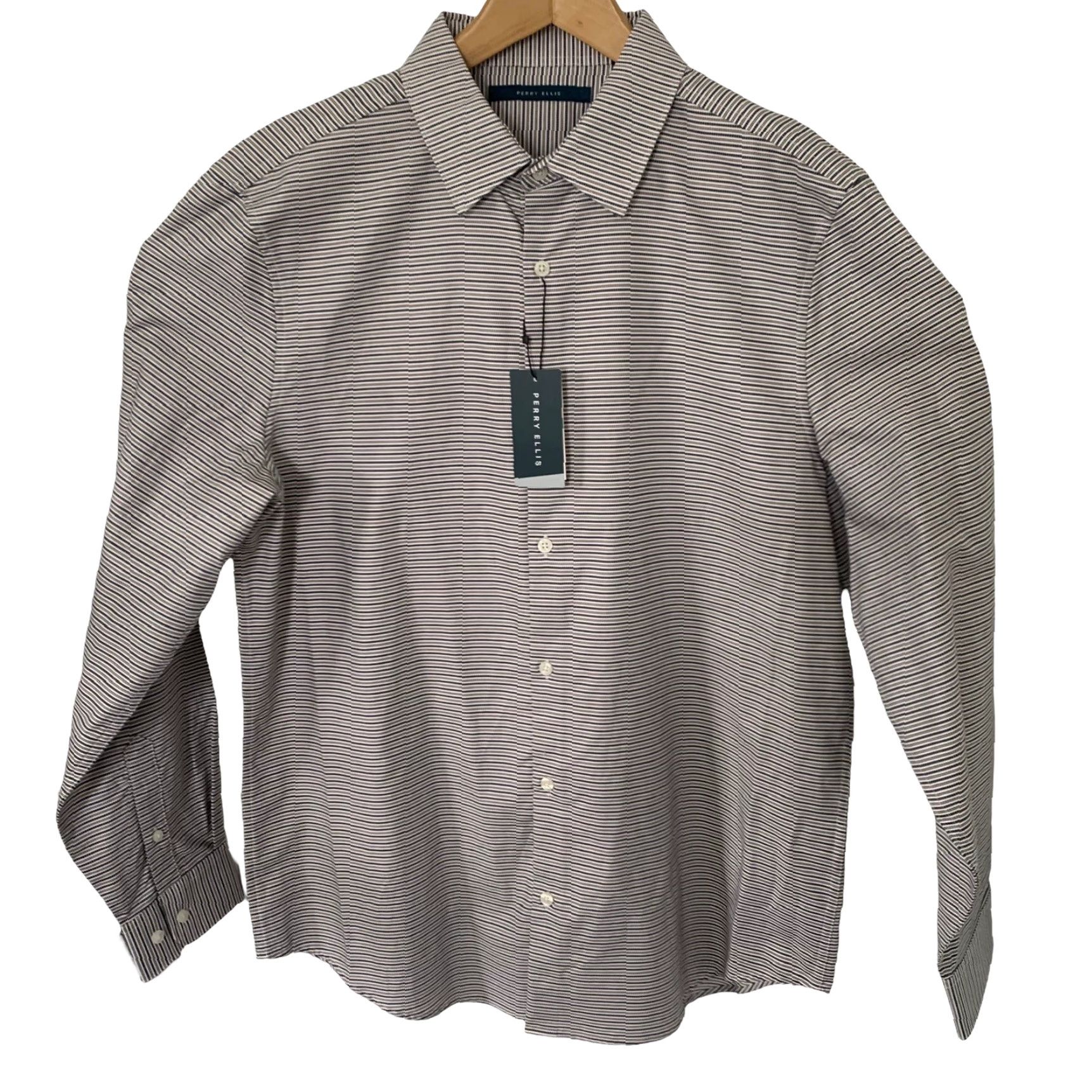 Perry Ellis Perry Ellis Shirt Mens Large Striped Print 100% Cotton Button Up White Long Sleeve Casual Modern Size US L / EU 52-54 / 3 - 3 Thumbnail