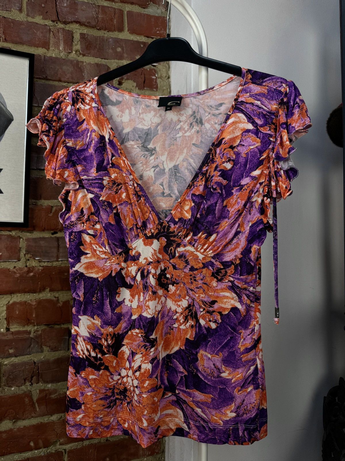 Designer × Just Cavalli × Vintage JUST CAVALLI Viscose Floral Flowers Multicolour T-Shirt Top Size M / US 6-8 / IT 42-44 - 14 Thumbnail