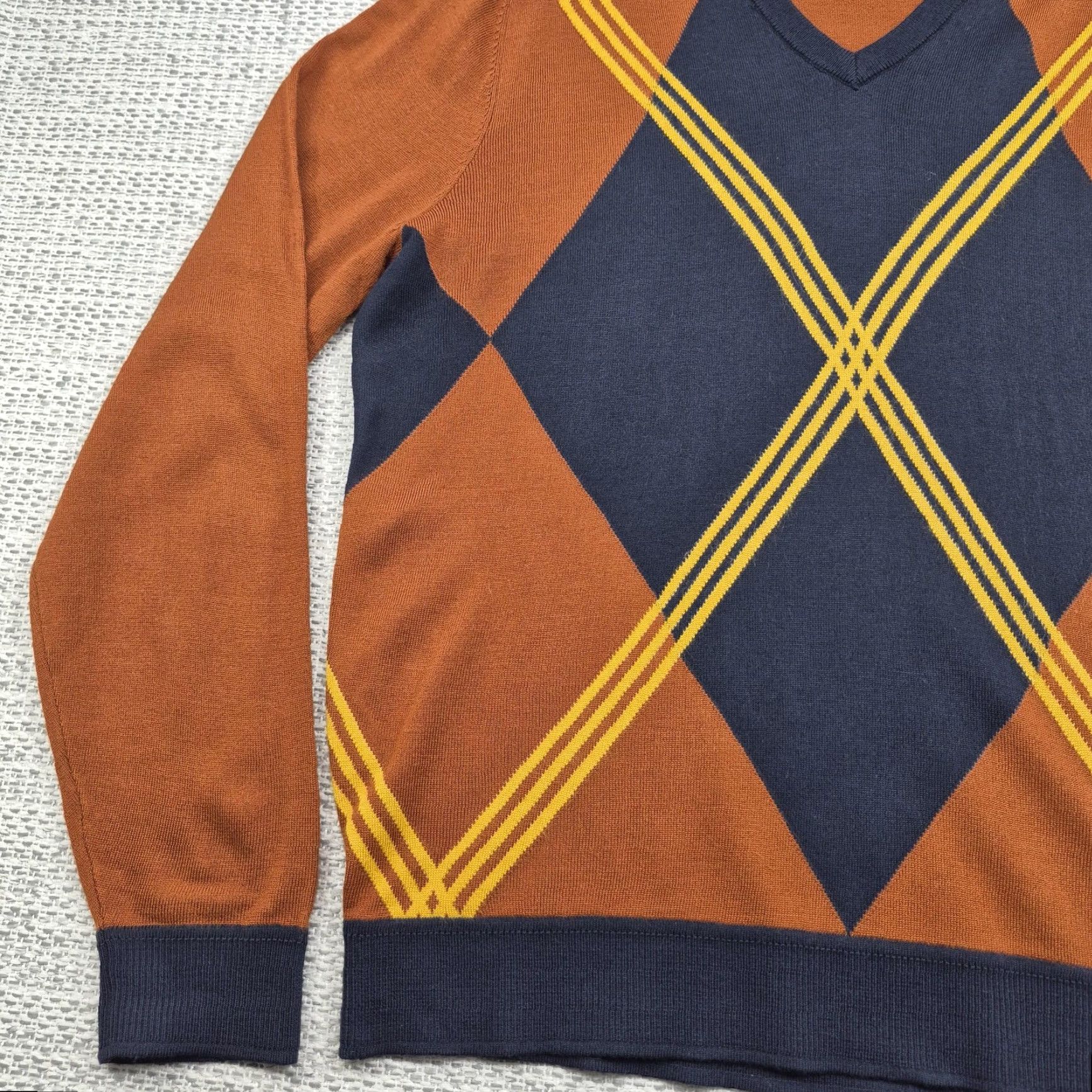 Murano Murano Mens Large Pullover Sweater V-Neck Argyle/Diamond Knit Acrylic Brown Navy Multicolor 90s Retro Size US L / EU 52-54 / 3 - 3 Thumbnail