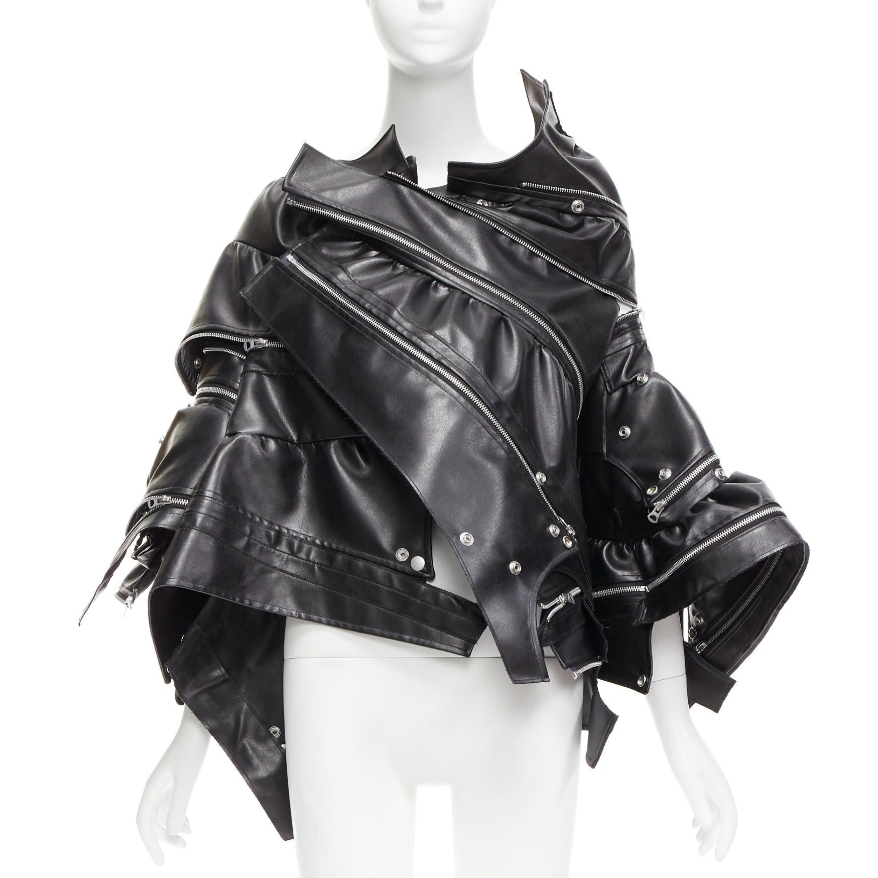 image of Junya Watanabe 2022 Runway Black Zip Pleather Deconstructed Cape Coat Xs, Women's