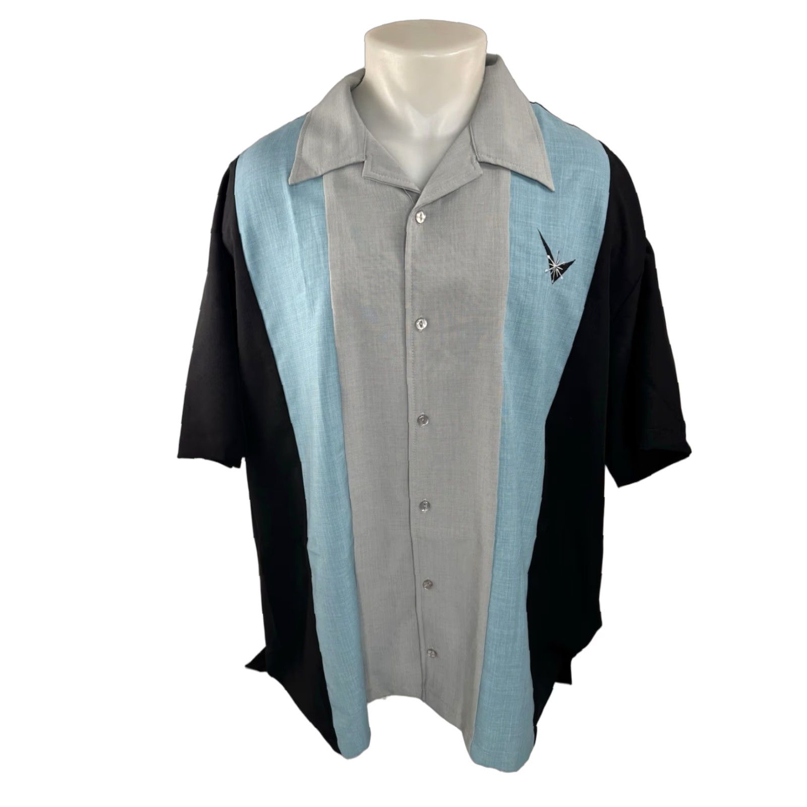 MCM Steady Shirt Mens 3XL Embroidered Panel Sheen Cabana MCM Rat Pack Bowling Button-Up Short Sleeve Black Gray Blue EXCELLENT Size US XXL / EU 58 / 5 - 1 Thumbnail
