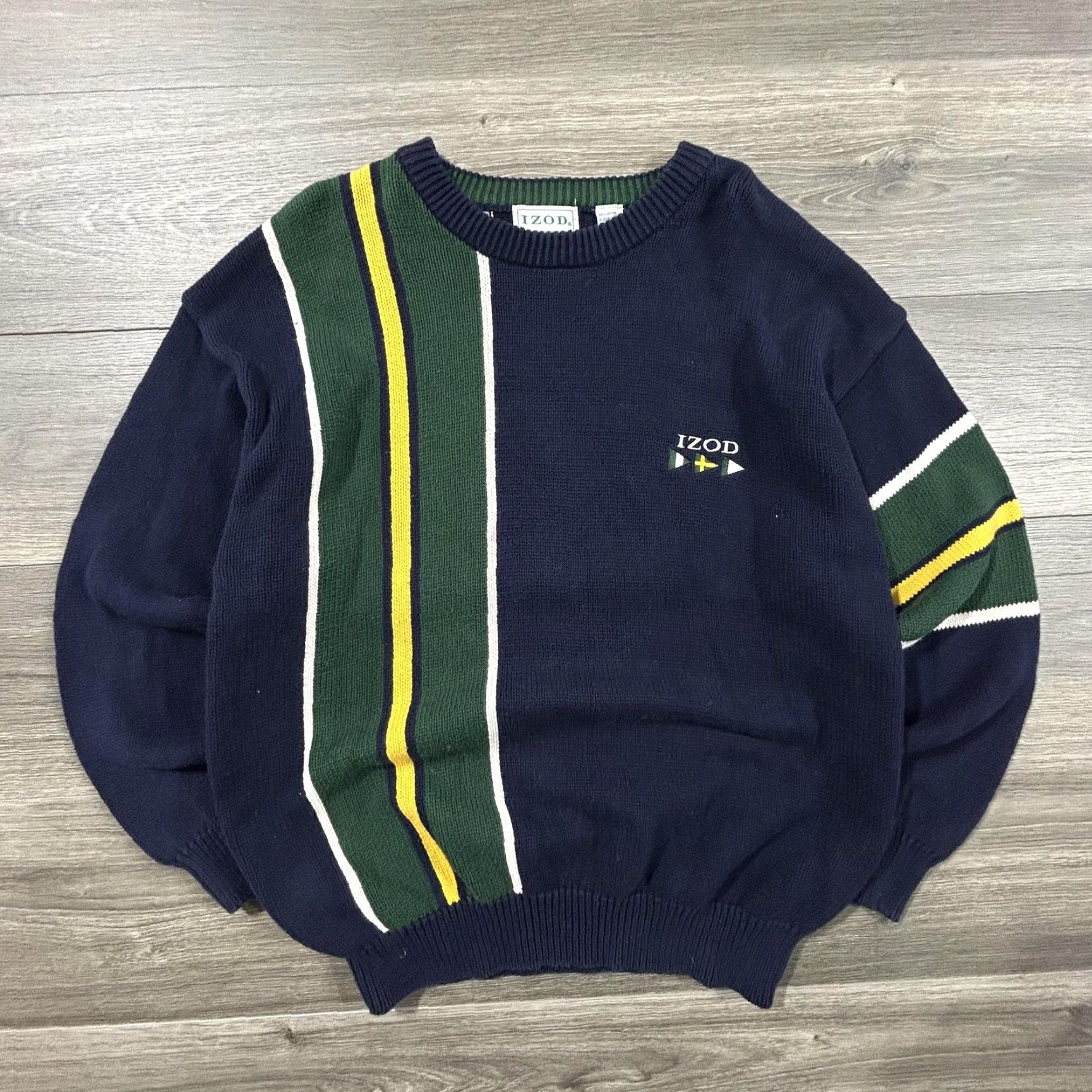 Izod VINTAGE Izod Sweater Mens M Navy Green Striped Cotton Nautical Preppy Pullover Crew Neck Knit Size US M / EU 48-50 / 2 - 2 Thumbnail