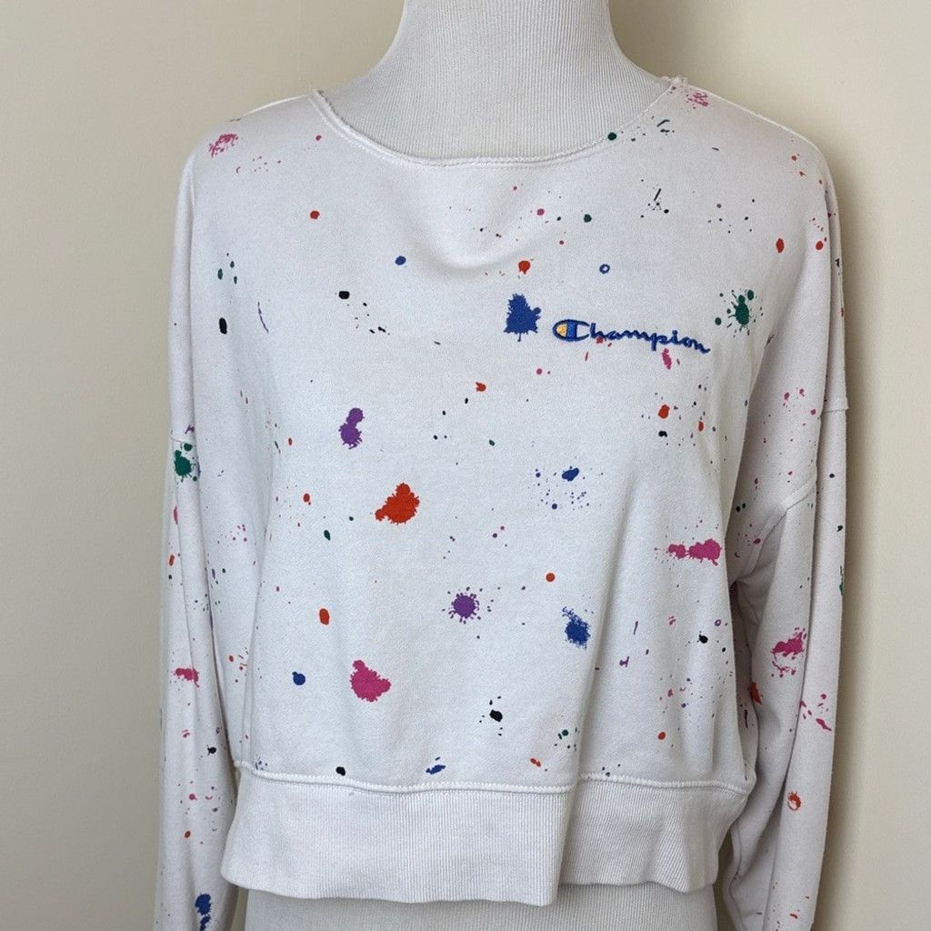Champion Champion White Cropped Sweatshirt Multi Splatters XS Vintage Size XS / US 0-2 / IT 36-38 - 1 Thumbnail