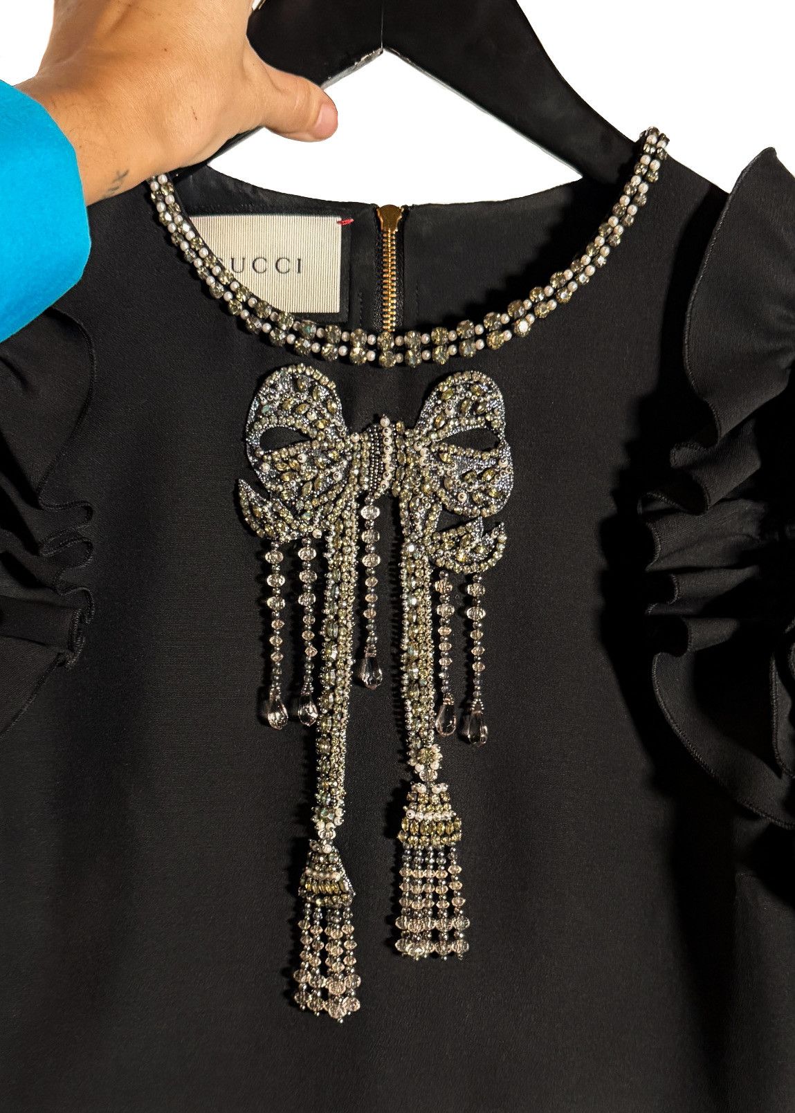Gucci Gucci 2016 Embellished Bow Ruffled Sleeves Black Mini Dress Size S / US 4 / IT 40 - 8 Thumbnail