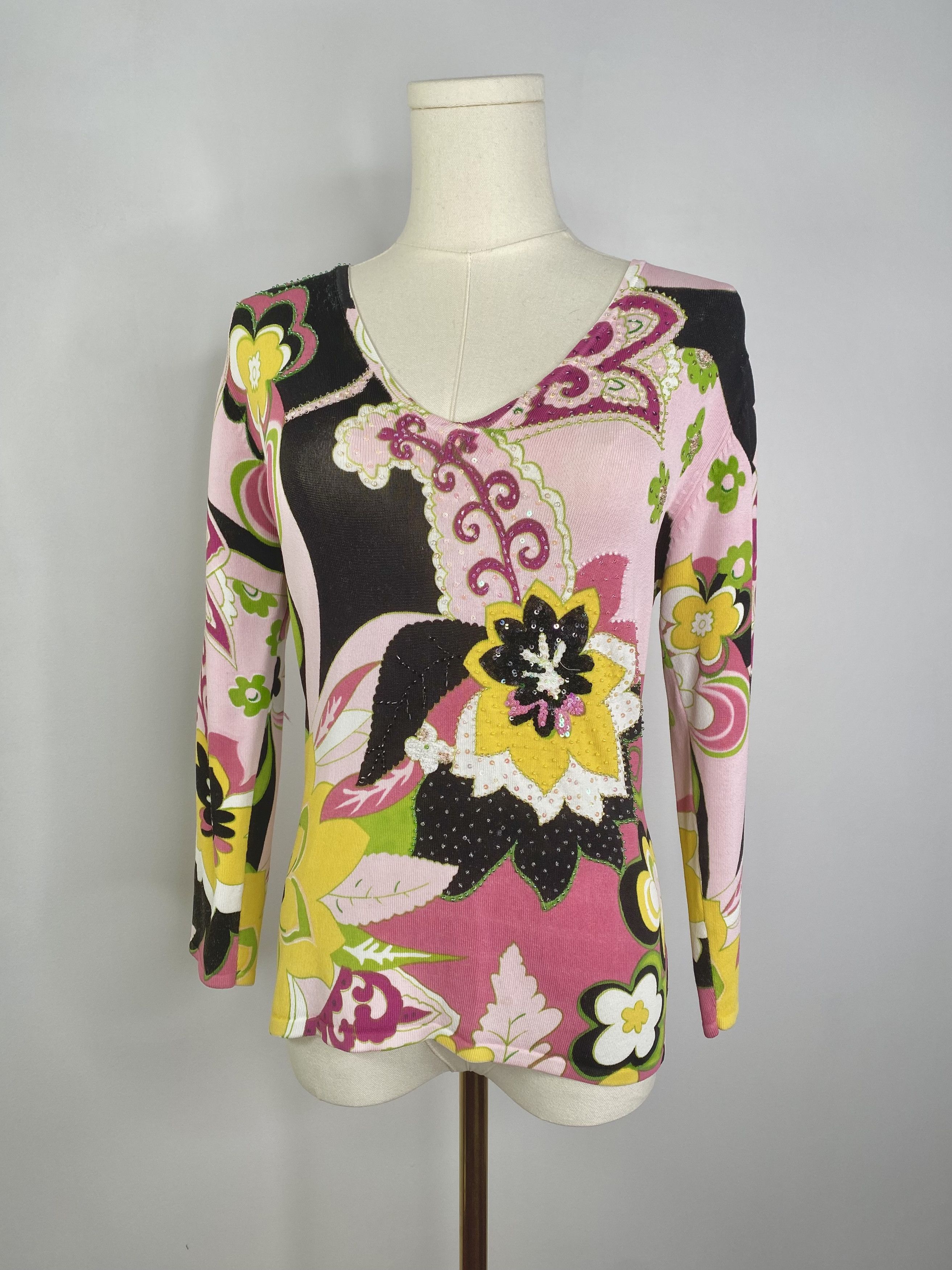 Vintage Michelle Nicole - Pink Abstract Floral Sweater Size S / US 4 / IT 40 - 2 Thumbnail