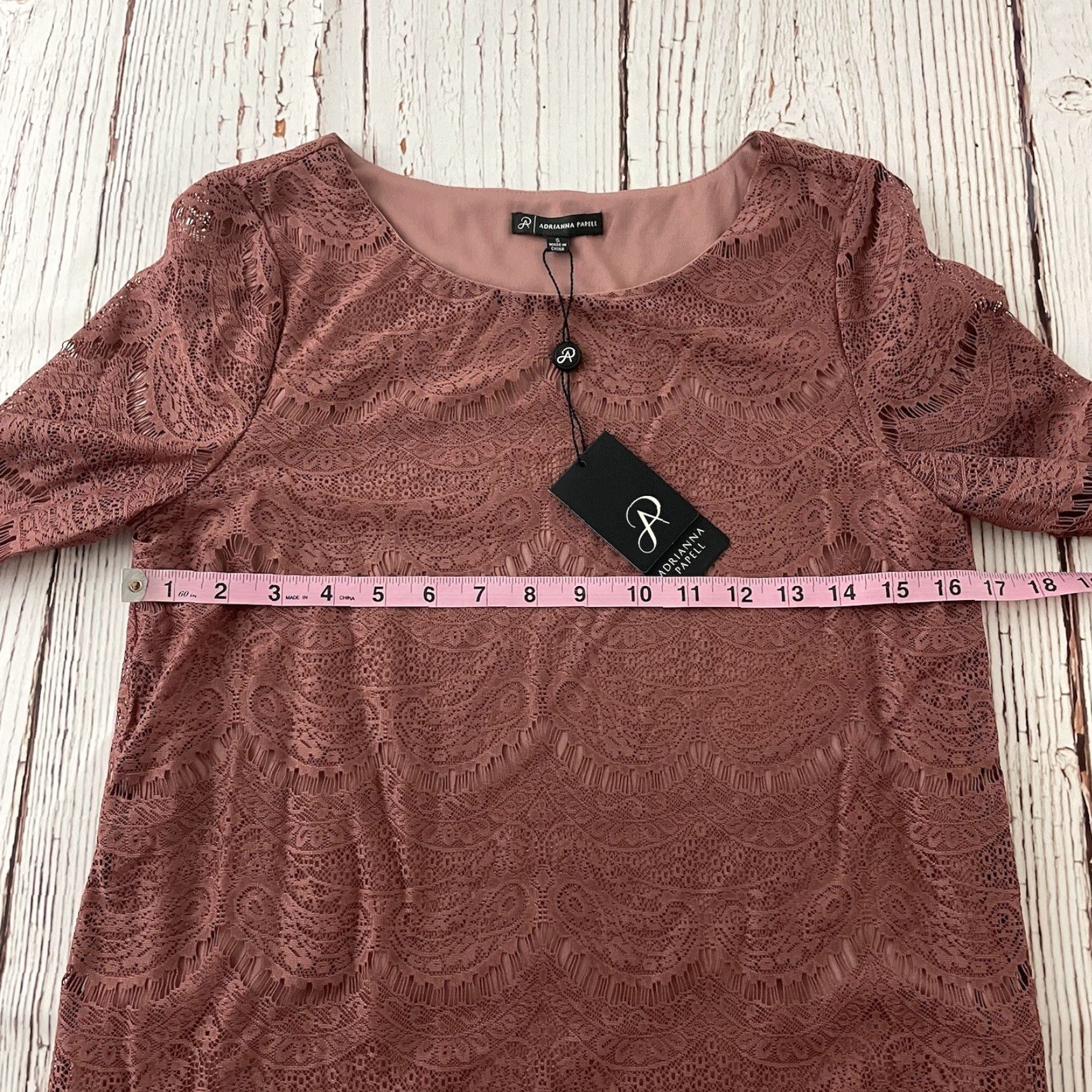 Adrianna Papell Adrianna Papell Blouse Knit 3/4 Sleeve Pink Women's Small Mauve Tailored Pattern Scallop Lace Shirt Womens Size S / US 4 / IT 40 - 5 Thumbnail