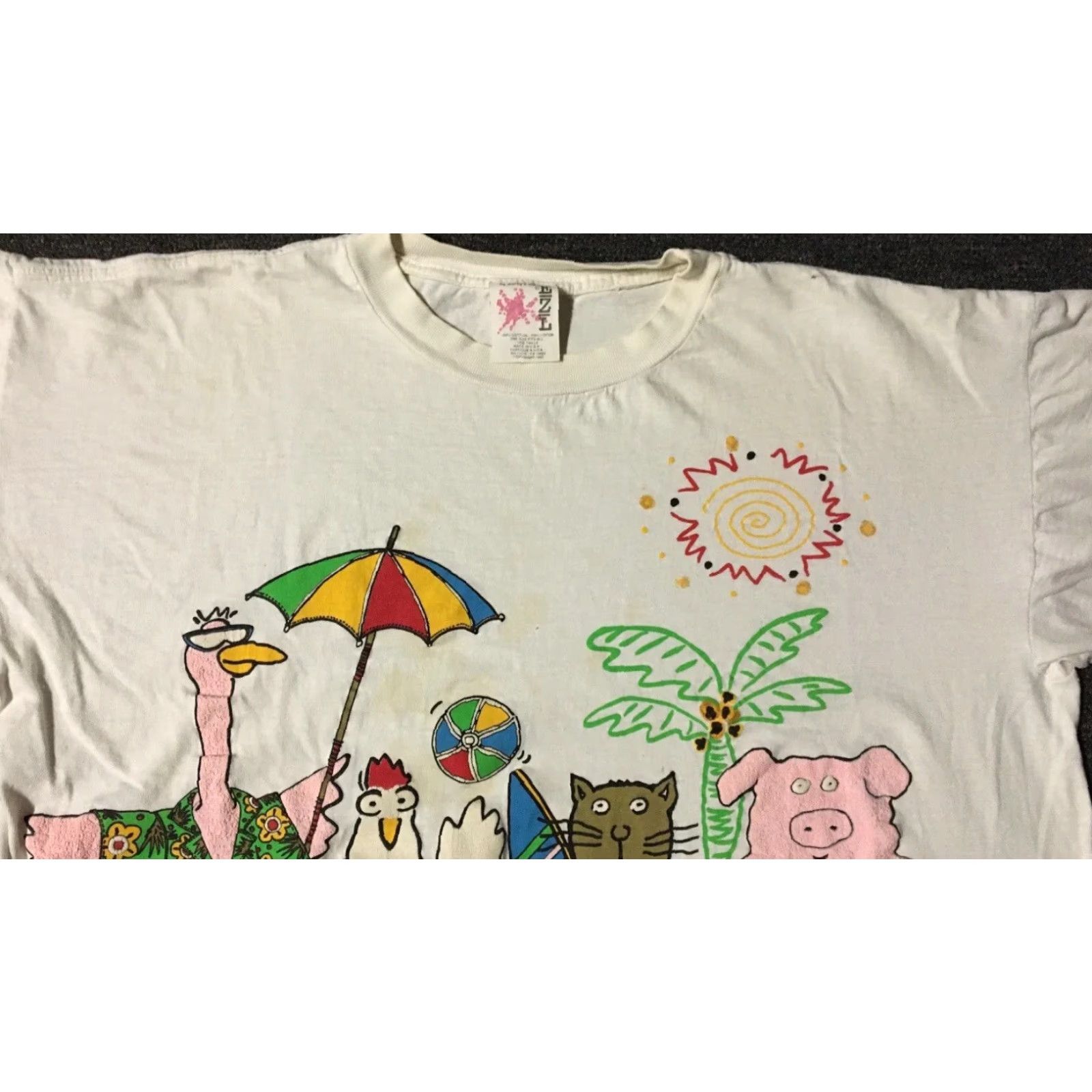 Vintage Vtg 90s Animal Beach Faded Distress Boxy Shirt M White Mens Short Sleeve Rock Grunge Surf Cartoon Rooster Hawaii USA Size US M / EU 48-50 / 2 - 6 Thumbnail