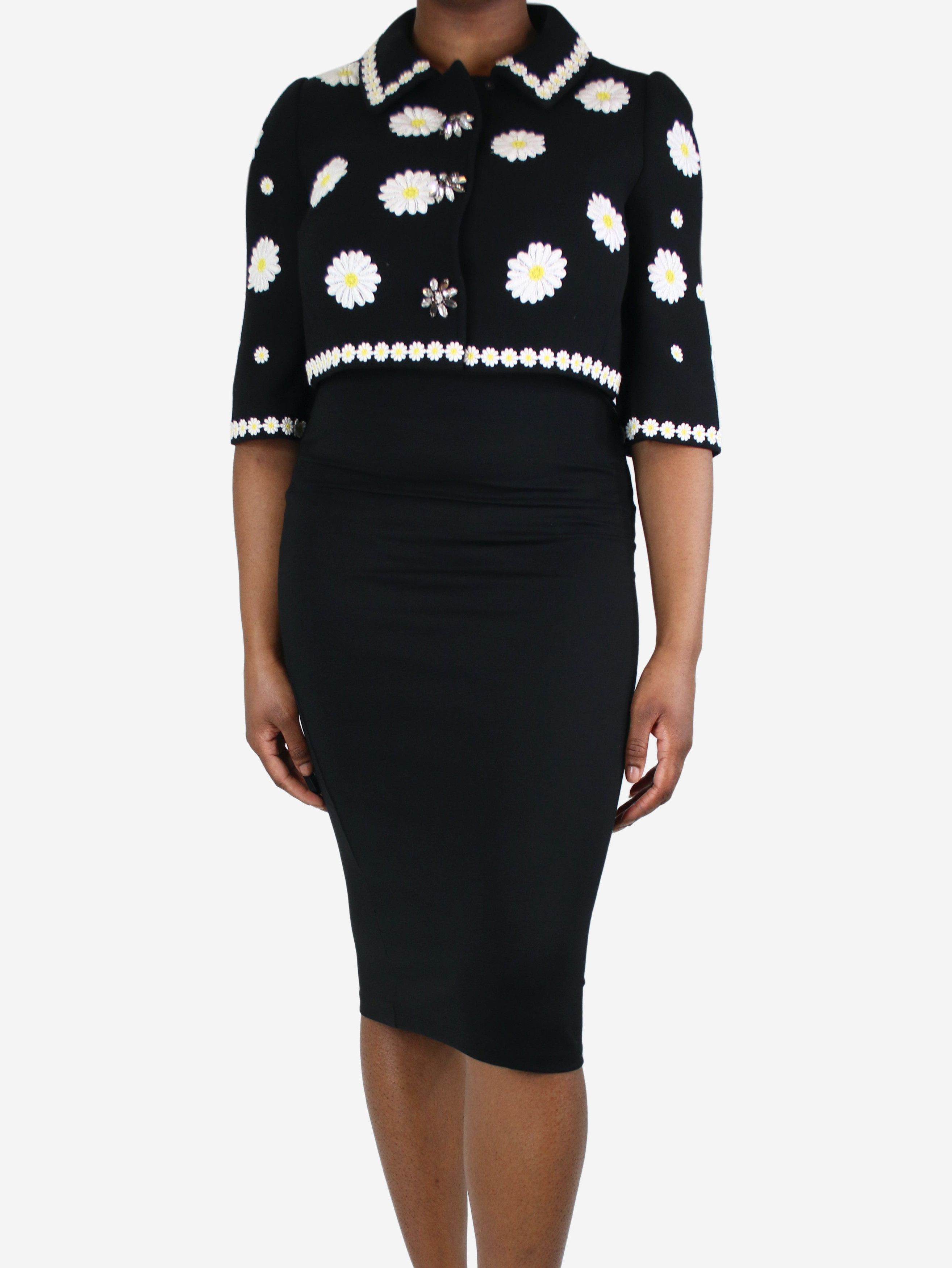 image of Dolce Gabbana Black Floral Embroidery Wool Cropped Blazer - Size Uk 14, Women's