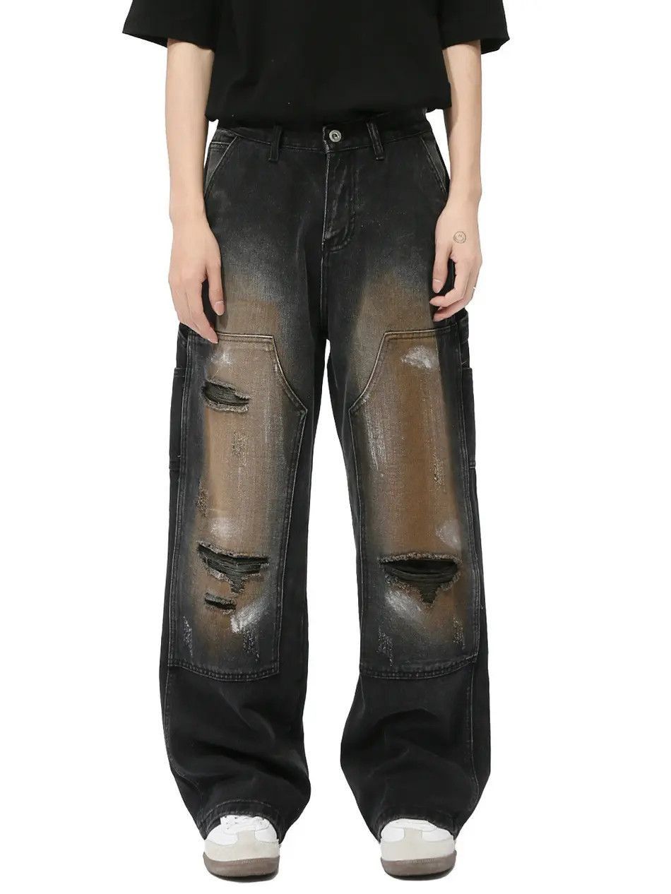 Japanese Brand Retro graffiti straight leg patchwork ripped jeans Size US 32 / EU 48 - 3 Thumbnail