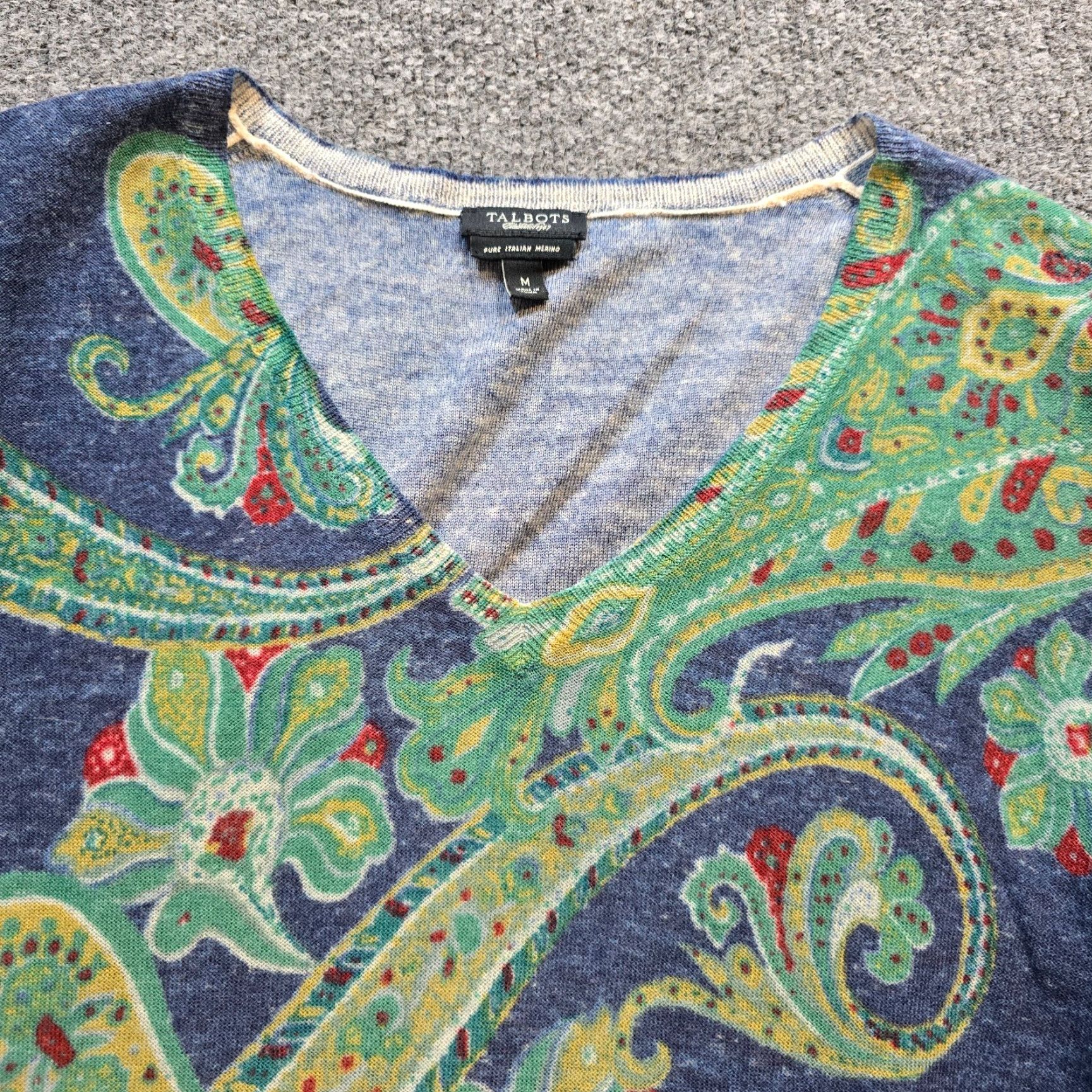 Talbots Talbots Sweater Womens Medium Blue Green Paisley Merino Wool Career Top Shirt M Womens Pullover V-Neck Long Sleeve Fall Winter Business Workwear Size M / US 6-8 / IT 42-44 - 2 Thumbnail