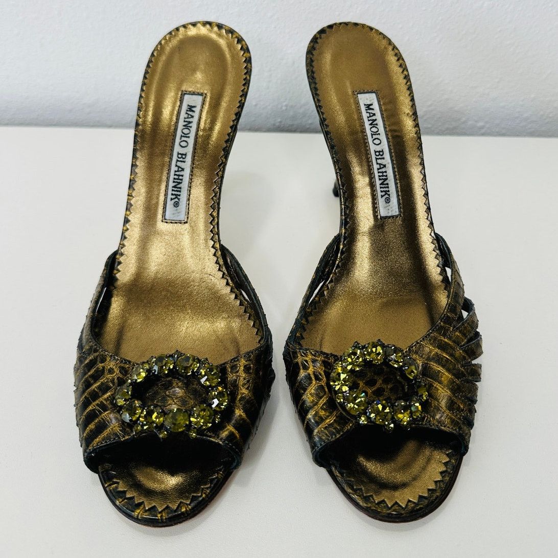 Manolo Blahnik Manolo Blahnik Green Hue Snake Jewel Sandal Heel 37.5 / 7.5 Size US 7.5 / IT 37.5 - 1 Thumbnail