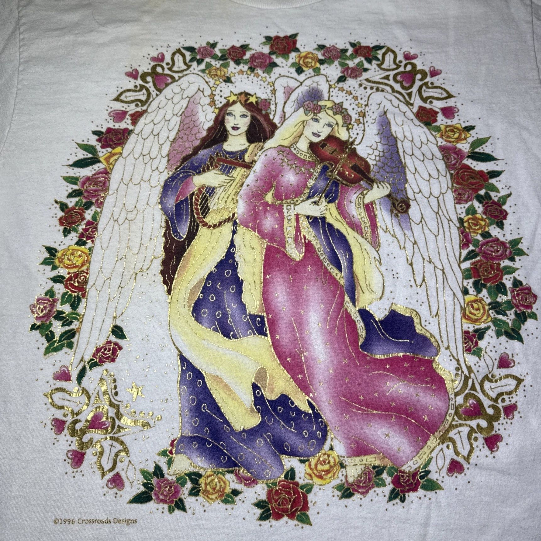 Delta VINTAGE 90s Fairy Princess Harp Violin Angels Flower White T-Shirt Adult Medium Size US M / EU 48-50 / 2 - 4 Thumbnail