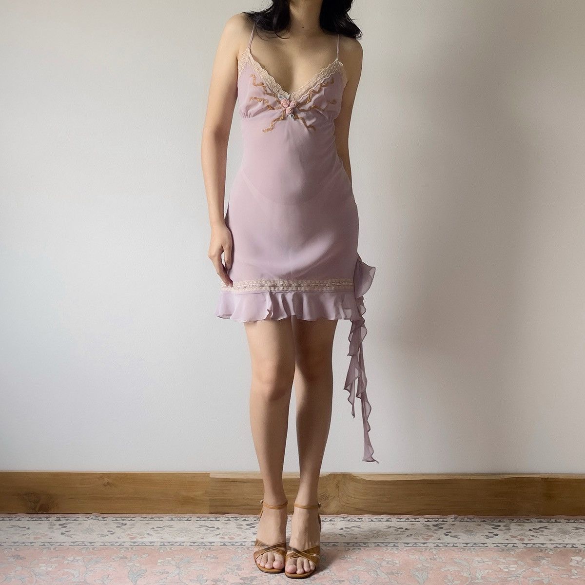 Vintage Romantic Dusty Purple Chiffon Semi-Sheer Mini Dress (Large) Size L / US 10 / IT 46 - 8 Thumbnail