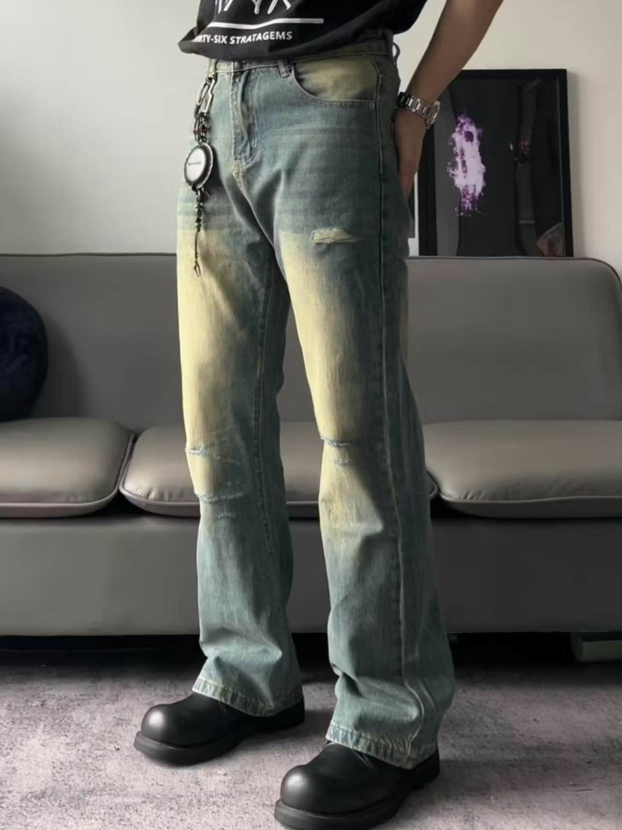 image of Vintage Damaged Distressed Ripped Flared Jeans in Faded Blue, Men's (Size 30)