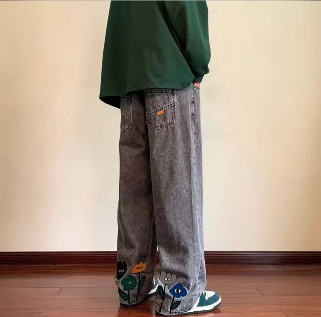 Other Flower Baggy Casual Denim Wide-leg Jeans Cargo Pants Size US 33 - 2 Thumbnail