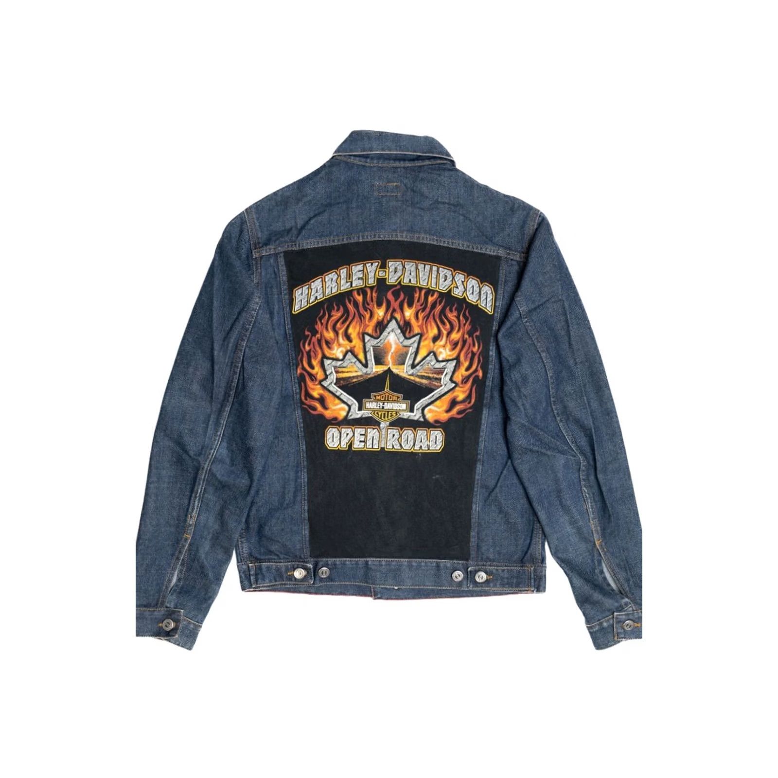 Denime VINTAGE Harley Davidson Open Road Back Patch Denim Jacket Shirt Mens Medium Blue Cotton XDye 2010s/Back Patch/Flames Size US M / EU 48-50 / 2 - 2 Thumbnail