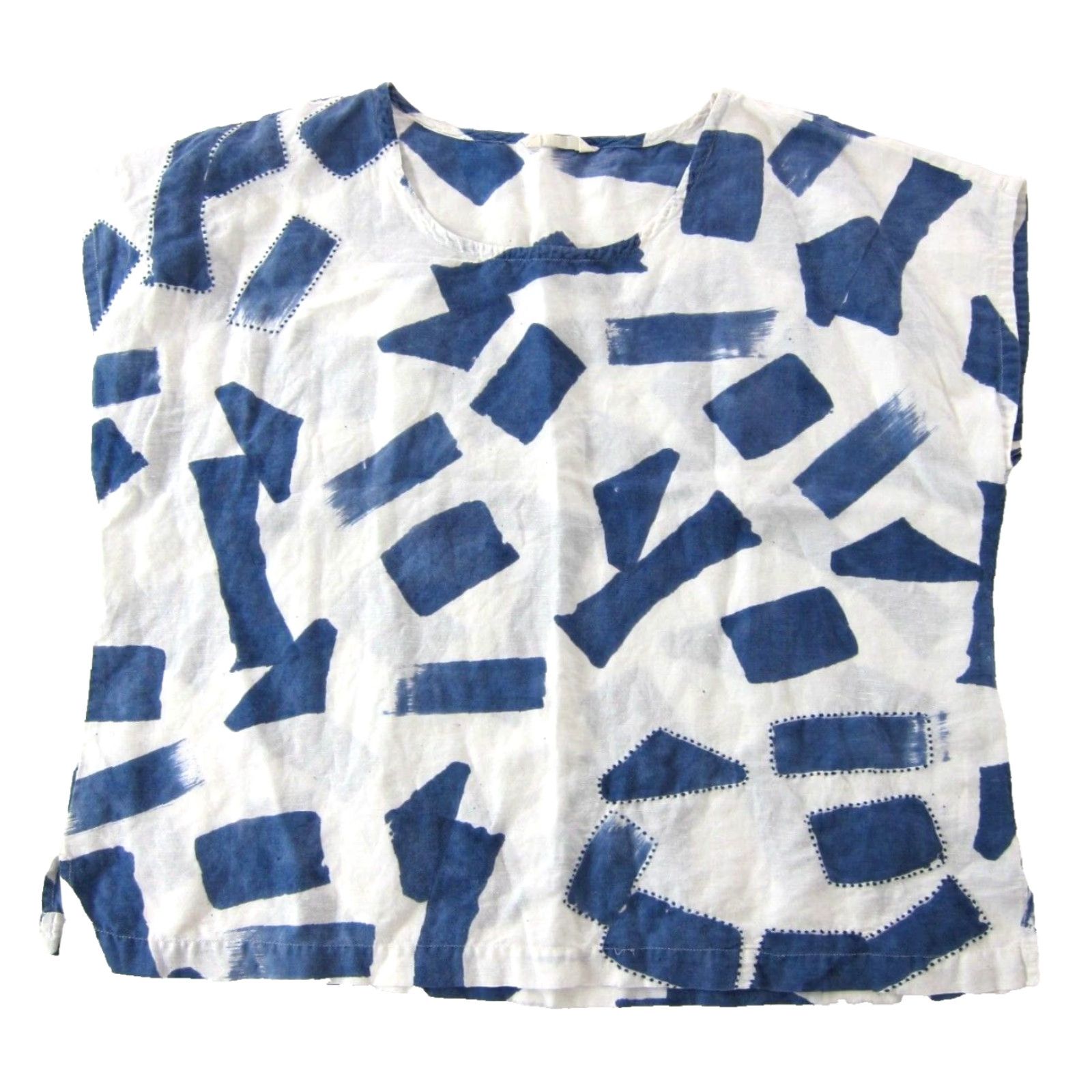 Vintage Marketplace Linen Blue White Abstract Short Sleeve Boxy Smock Tunic Blouse 1X 1W Size XL / US 12-14 / IT 48-50 - 2 Thumbnail