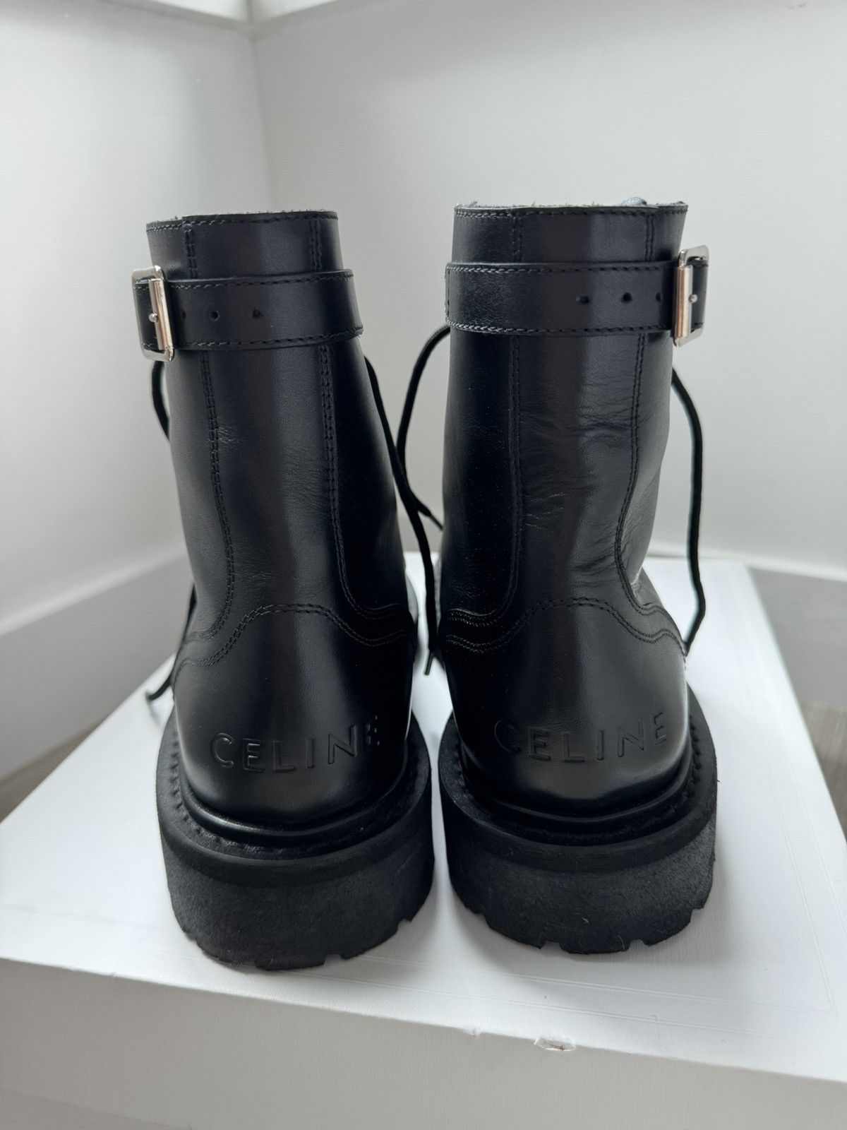 Celine × Hedi Slimane CELINE RANGER LACE-UP BOOT IN SHINY BULL | Grailed
