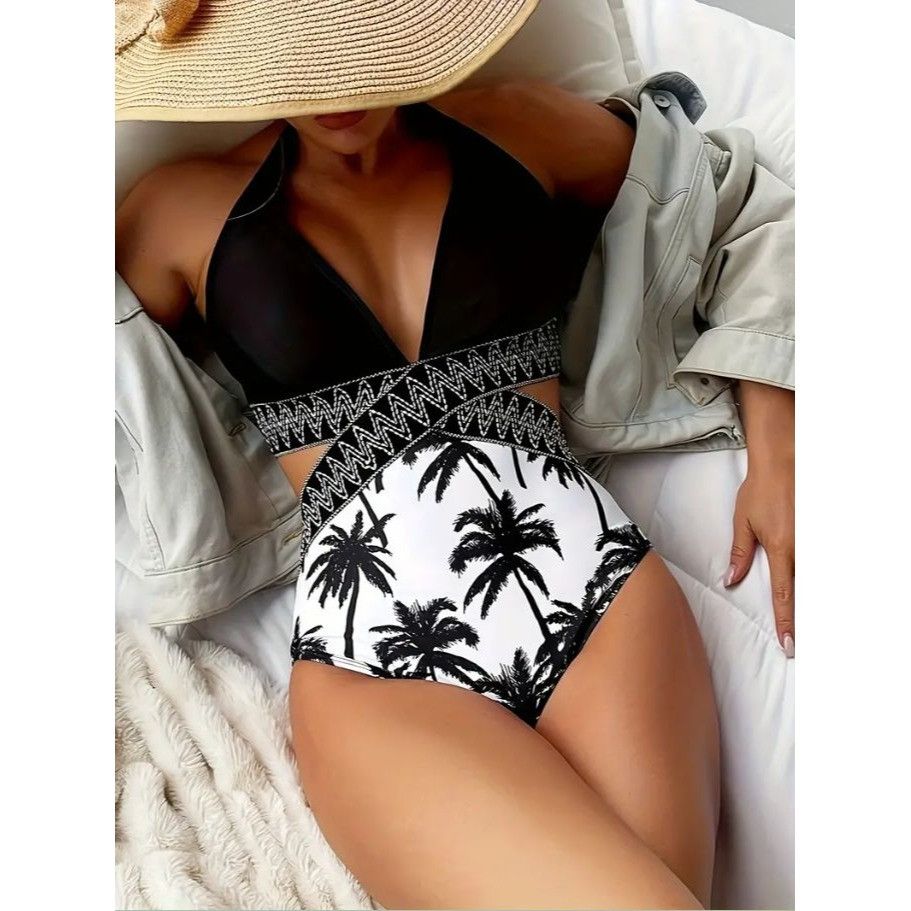 Other Womens Swimsuit Halter Neck Palm Tree Print One Piece Beach Size ONE SIZE - 8 Thumbnail