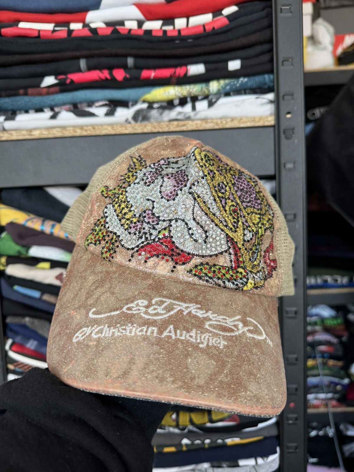 Ed Hardy × Vintage Vintage Ed Hardy Audigier brown cap rhinestones hat Size ONE SIZE - 2 Thumbnail