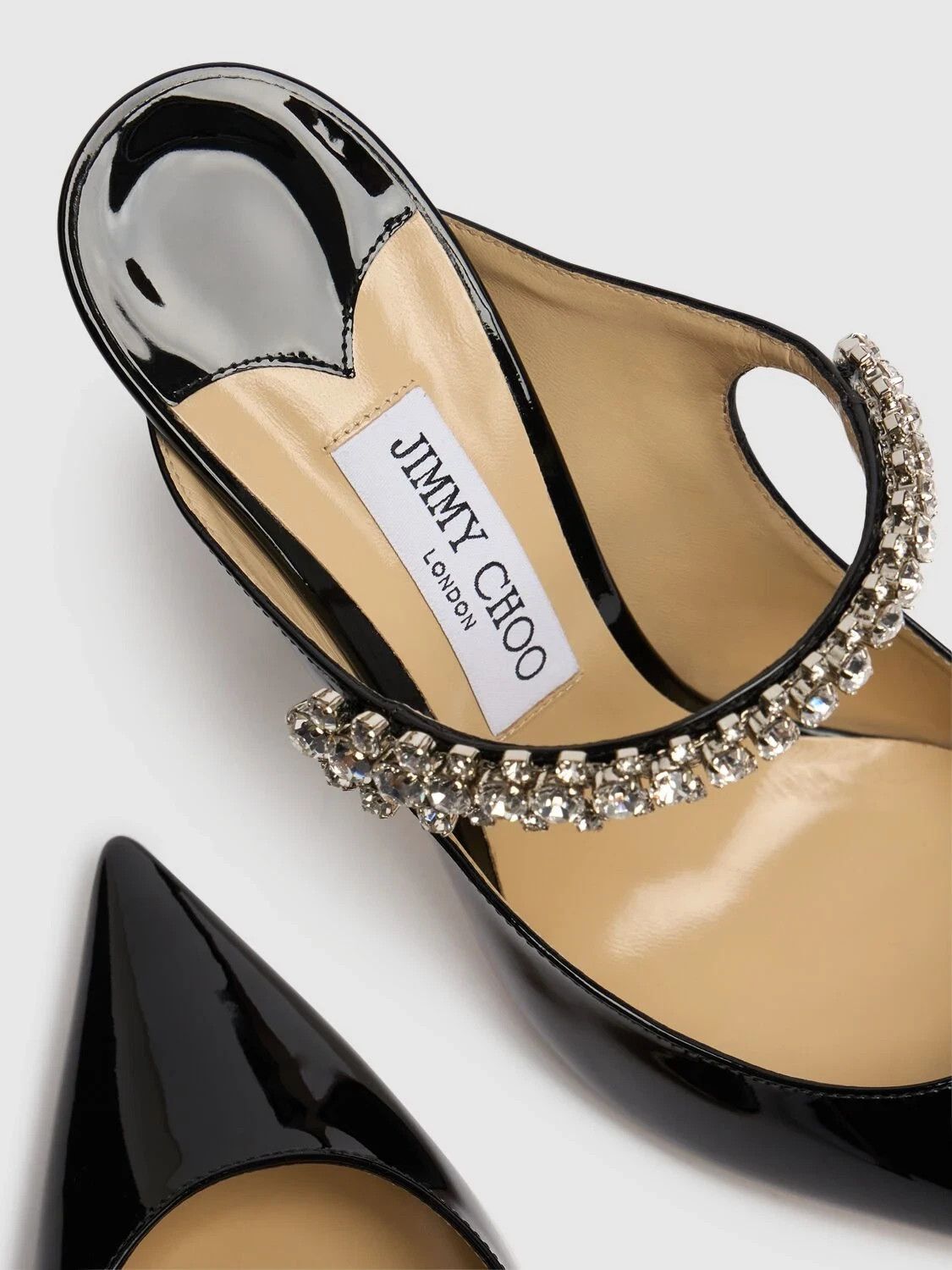JIMMY CHOO Bing 100 Black Patent Crystal Strap Mules