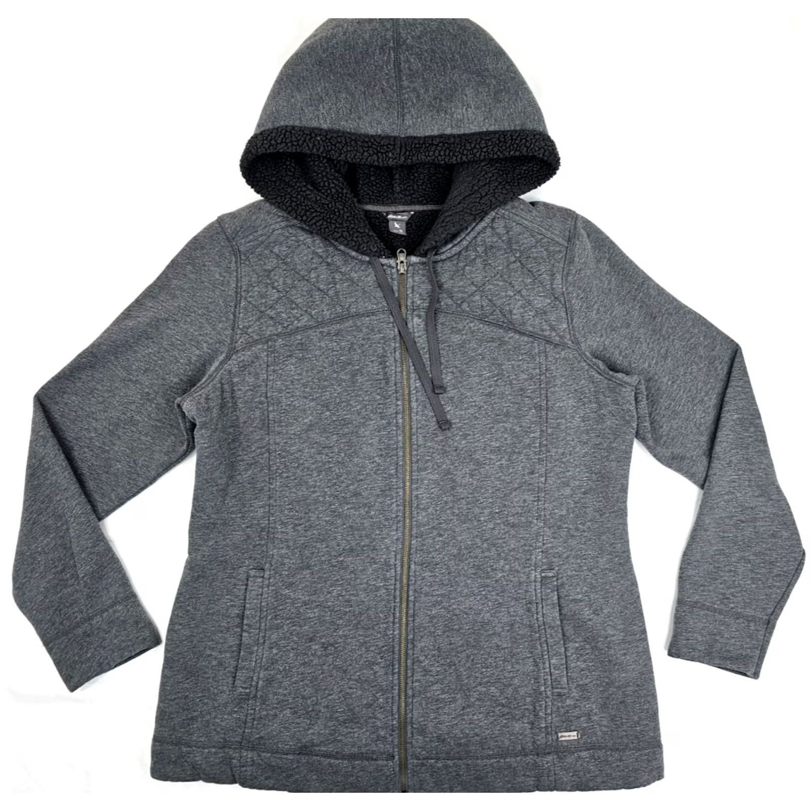 Eddie Bauer Eddie Bauer Hooded Sherpa Sweater Women XL Gray Quilted Shoulder Full Zip Hoodie Lined Pockets Size XL / US 12-14 / IT 48-50 - 2 Thumbnail