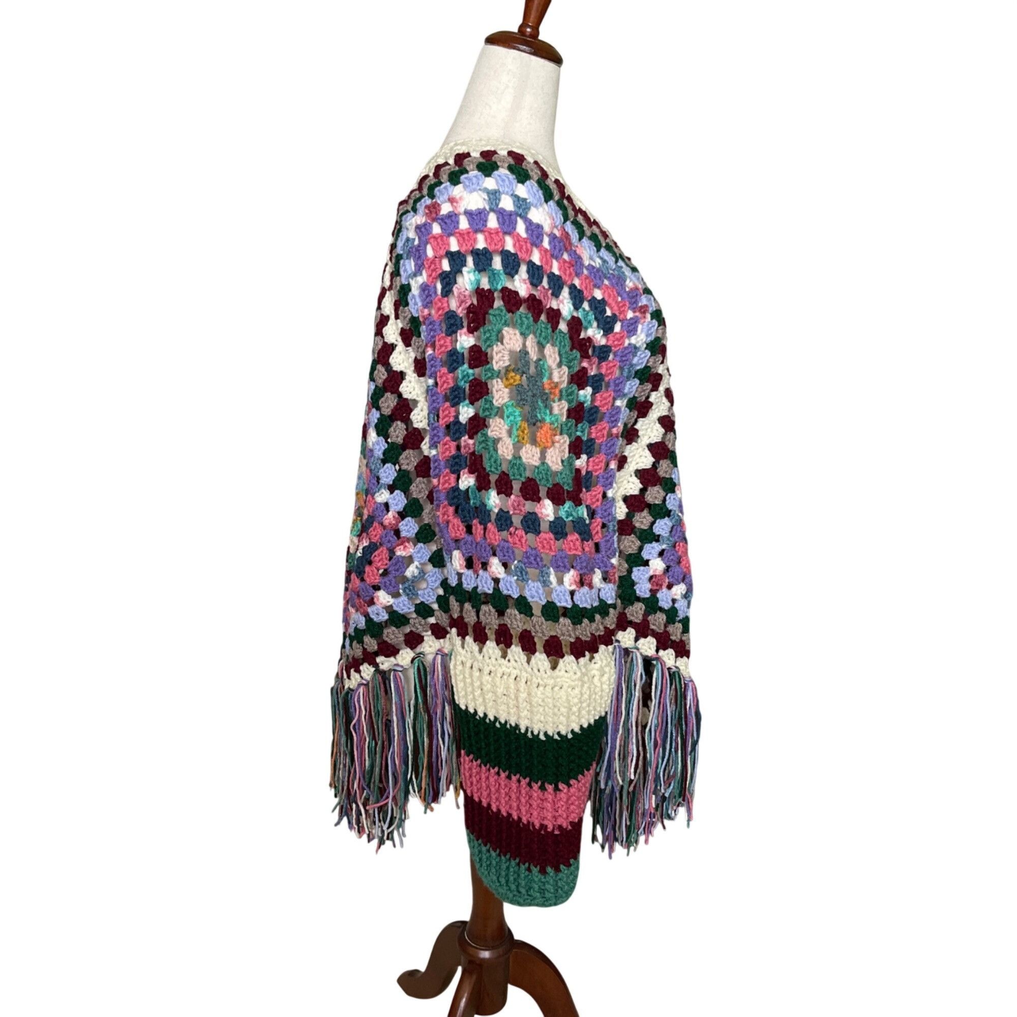 Handmade Crochet Poncho with Sleeves Granny Square Design Pattern Col Size ONE SIZE - 5 Thumbnail