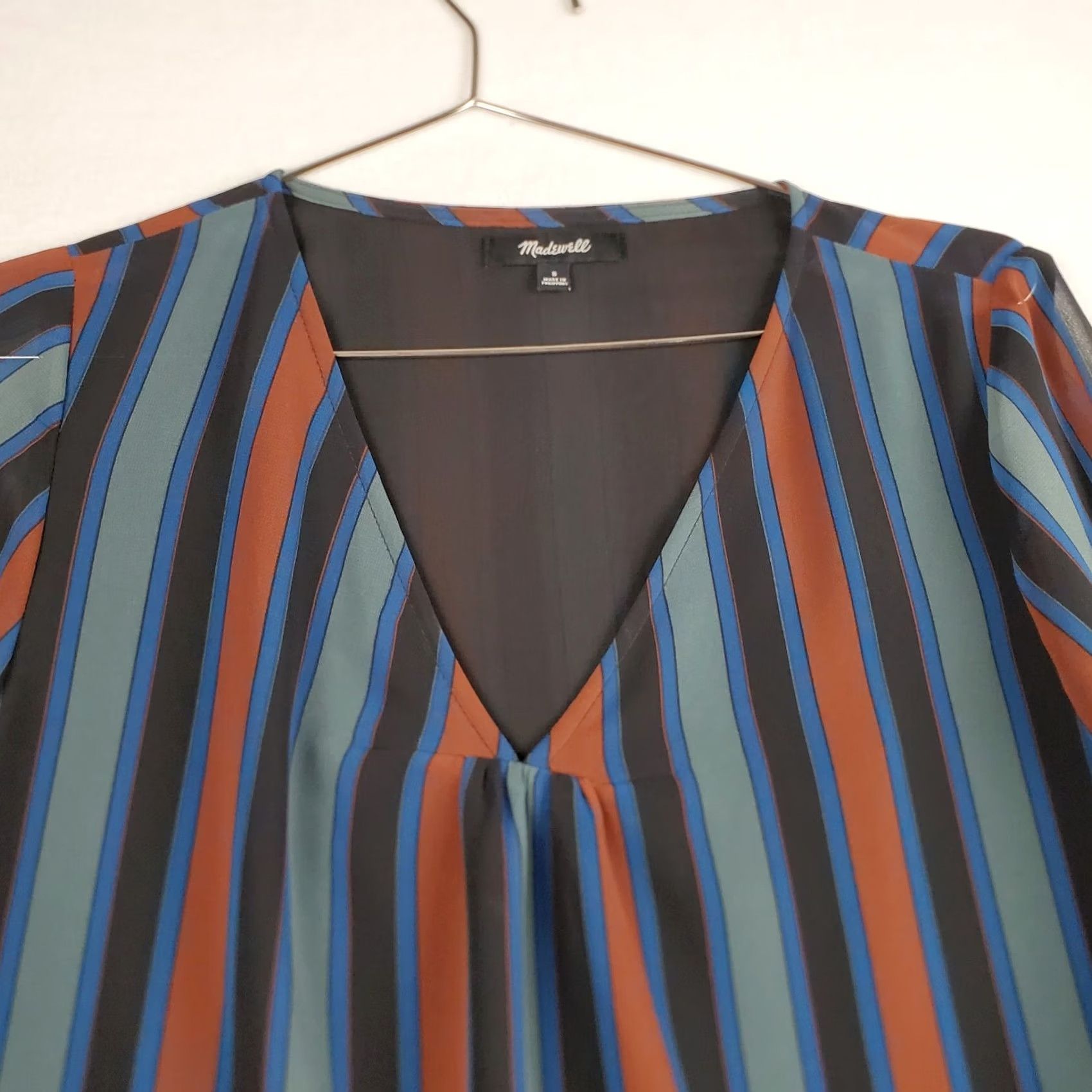 Madewell Madewell Blouse Womens Small Blue Striped Polyester Flowy Lined V-Neck Pullover Size S / US 4 / IT 40 - 4 Thumbnail