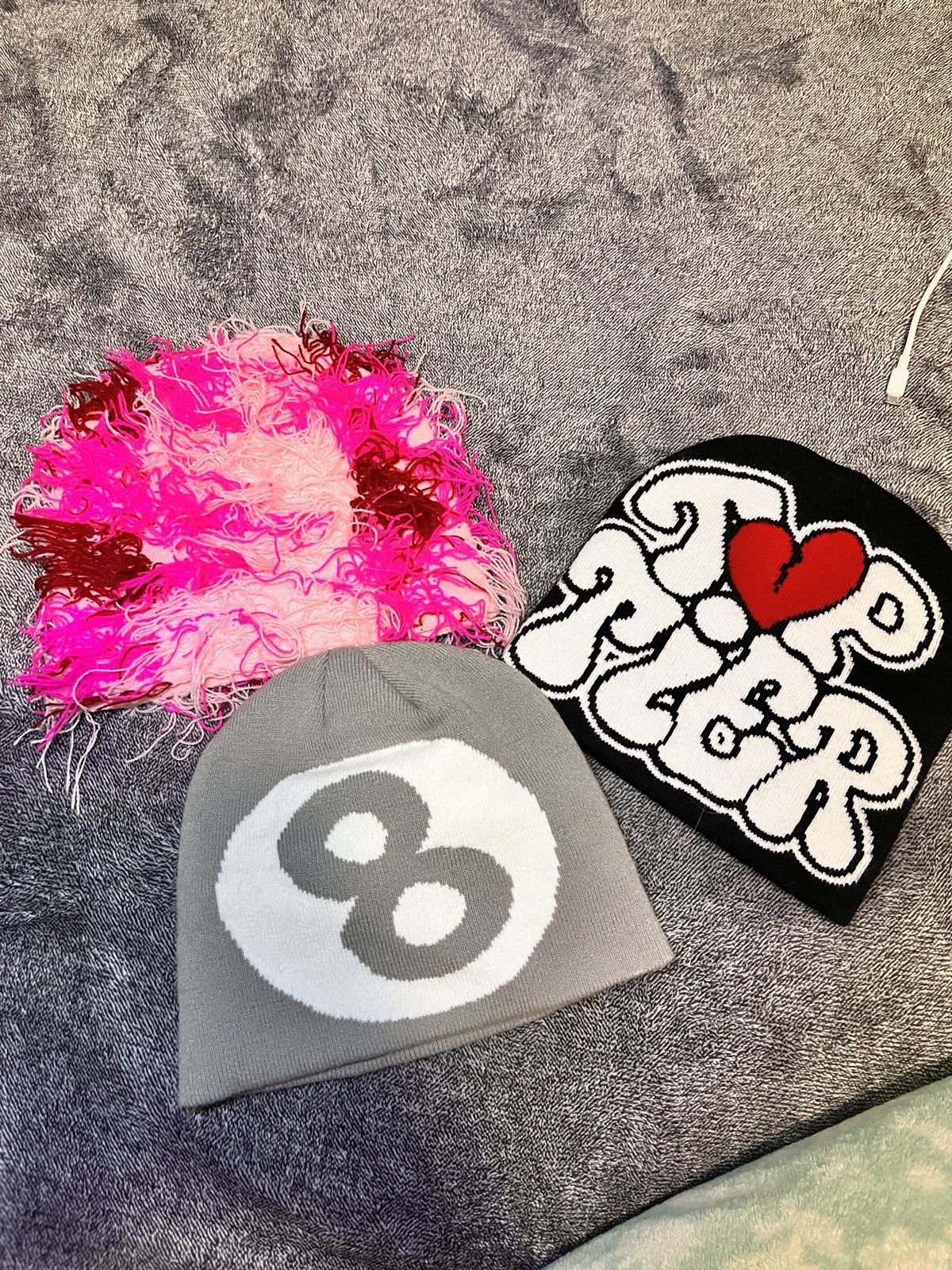 Other bundle of 3 beanies: 8 ball, pink fuzzy, graphic ‘top tier’ Size ONE SIZE - 1 Thumbnail