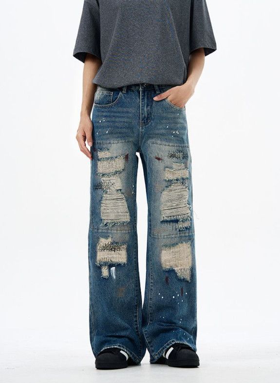 Vintage Ripped ink-splashed American street baggy loose jeans Size US 32 / EU 48 - 2 Thumbnail