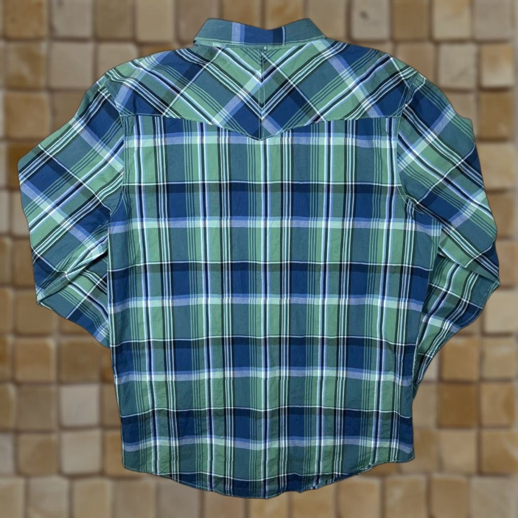 Vintage Public Opinion Cowboy Western Blue Green Plaid Check Long Sleeve Popper Shirt XL Men Regular 100% Cotton Button-Up Men’s Western Shirt Size US L / EU 52-54 / 3 - 1 Thumbnail
