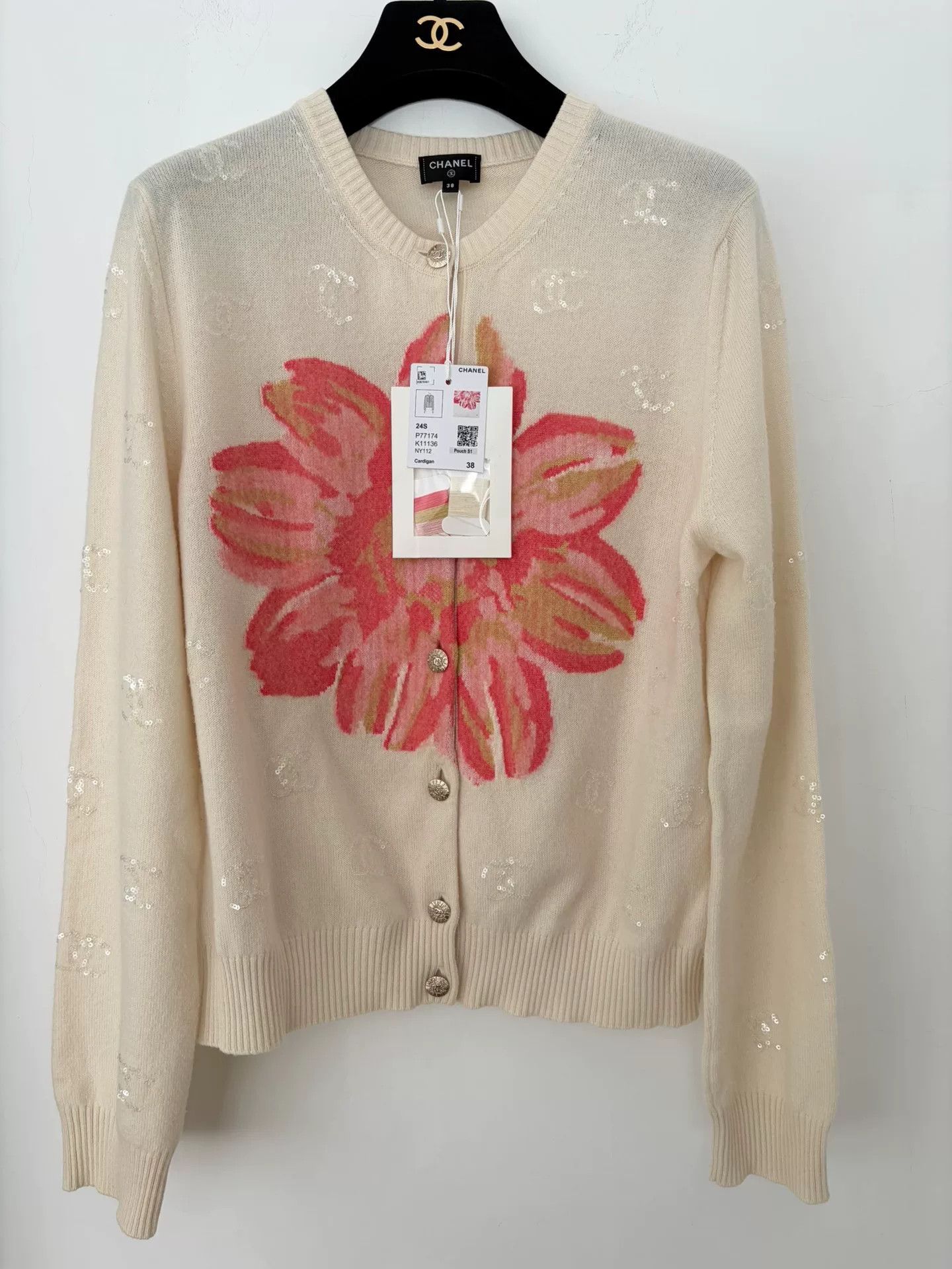 Chanel 24S Camellia Sequin Cashmere Cardigan