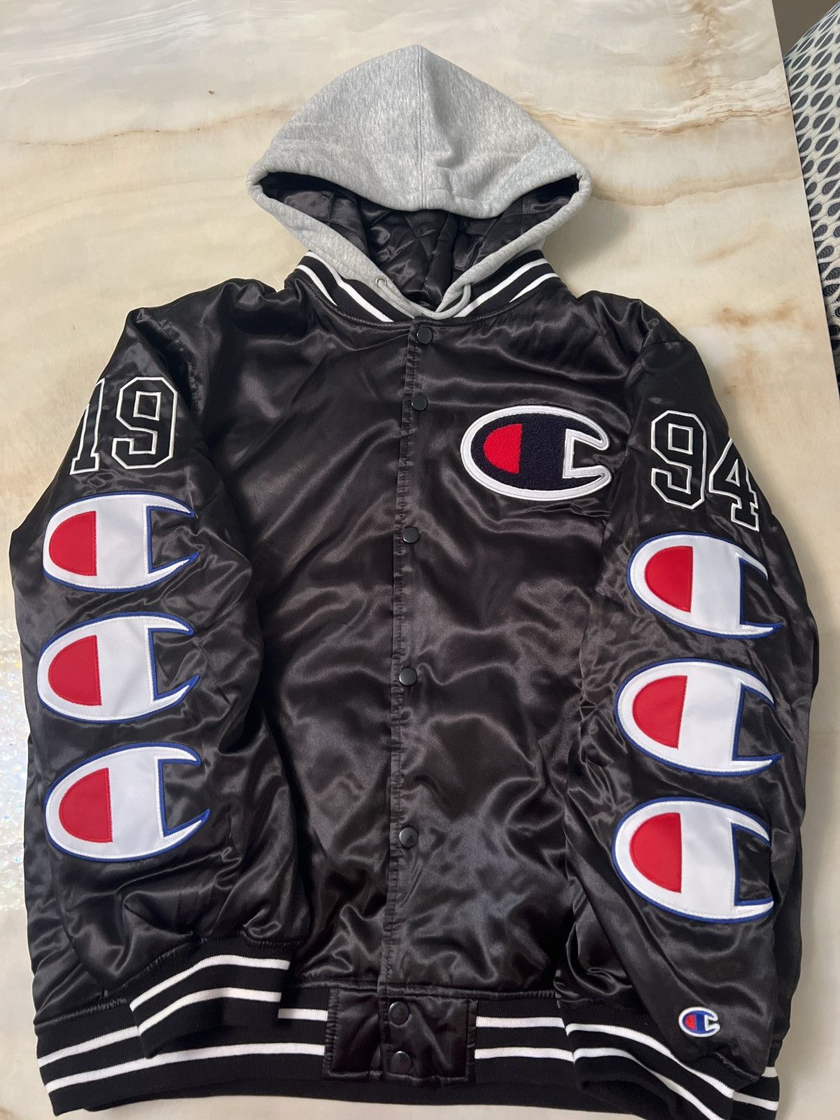 Champion Supreme Supreme Champion Varsity Satin Hooded Bomber Jacket Grailed