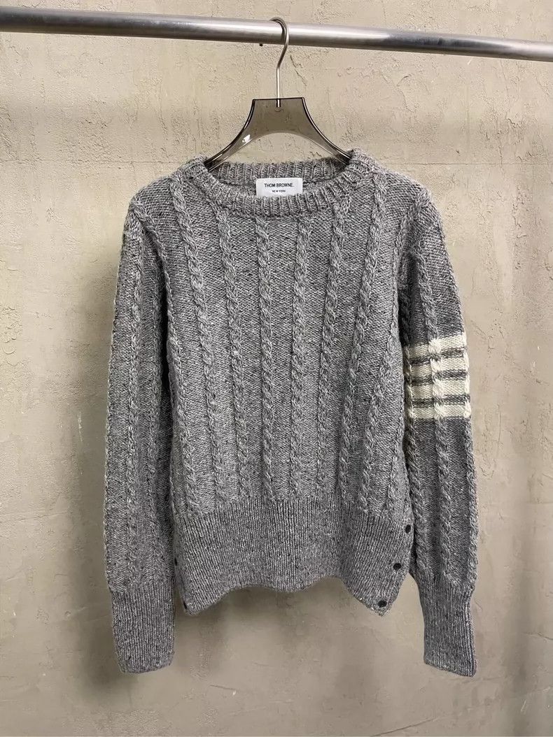 Thom Browne Thom browne Gray four-striped wool horsehair round-neck swe Size US L / EU 52-54 / 3 - 4 Thumbnail