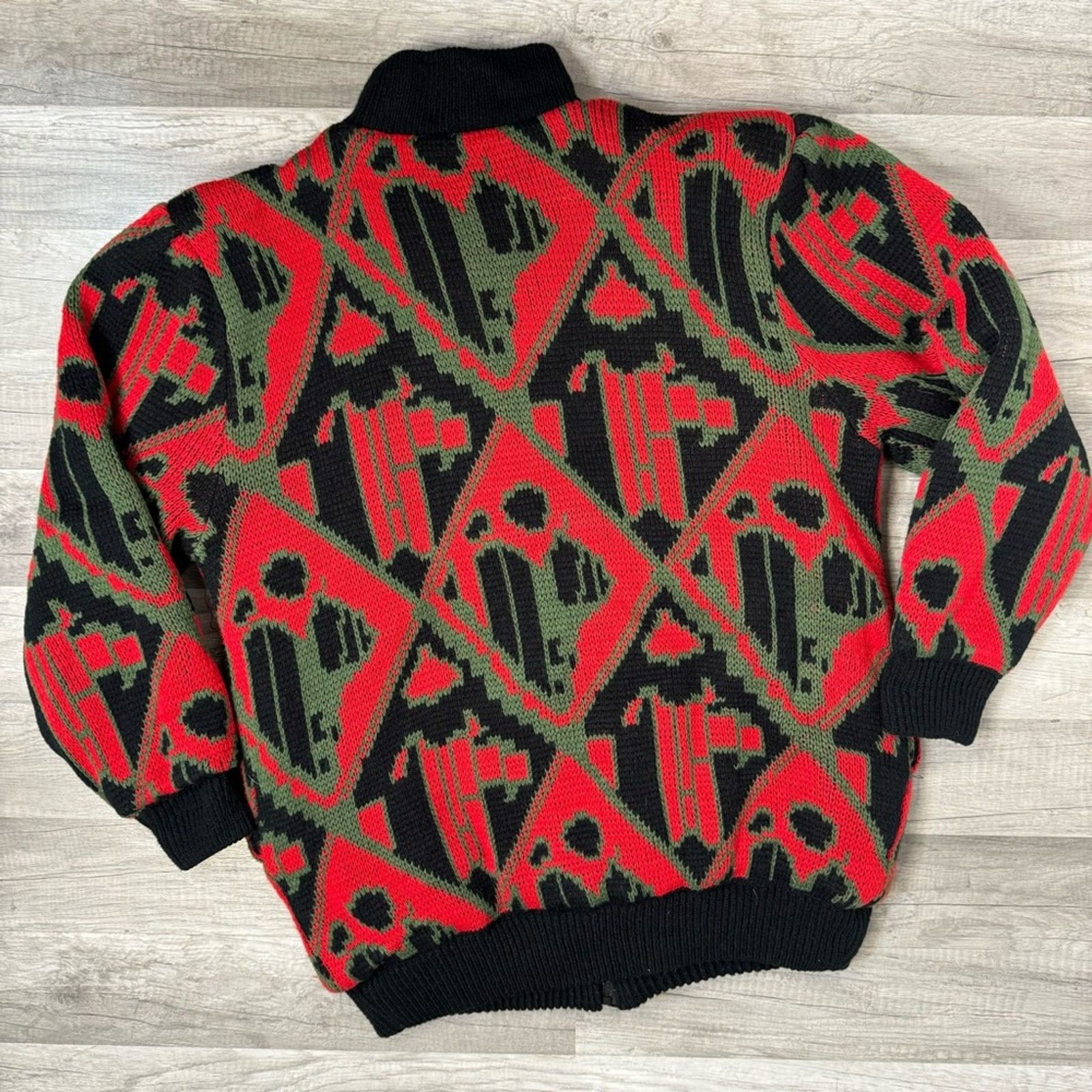 Vintage Vintage 80s Abstract Knit Bomber Jacket Red Green Black Size US L / EU 52-54 / 3 - 6 Thumbnail