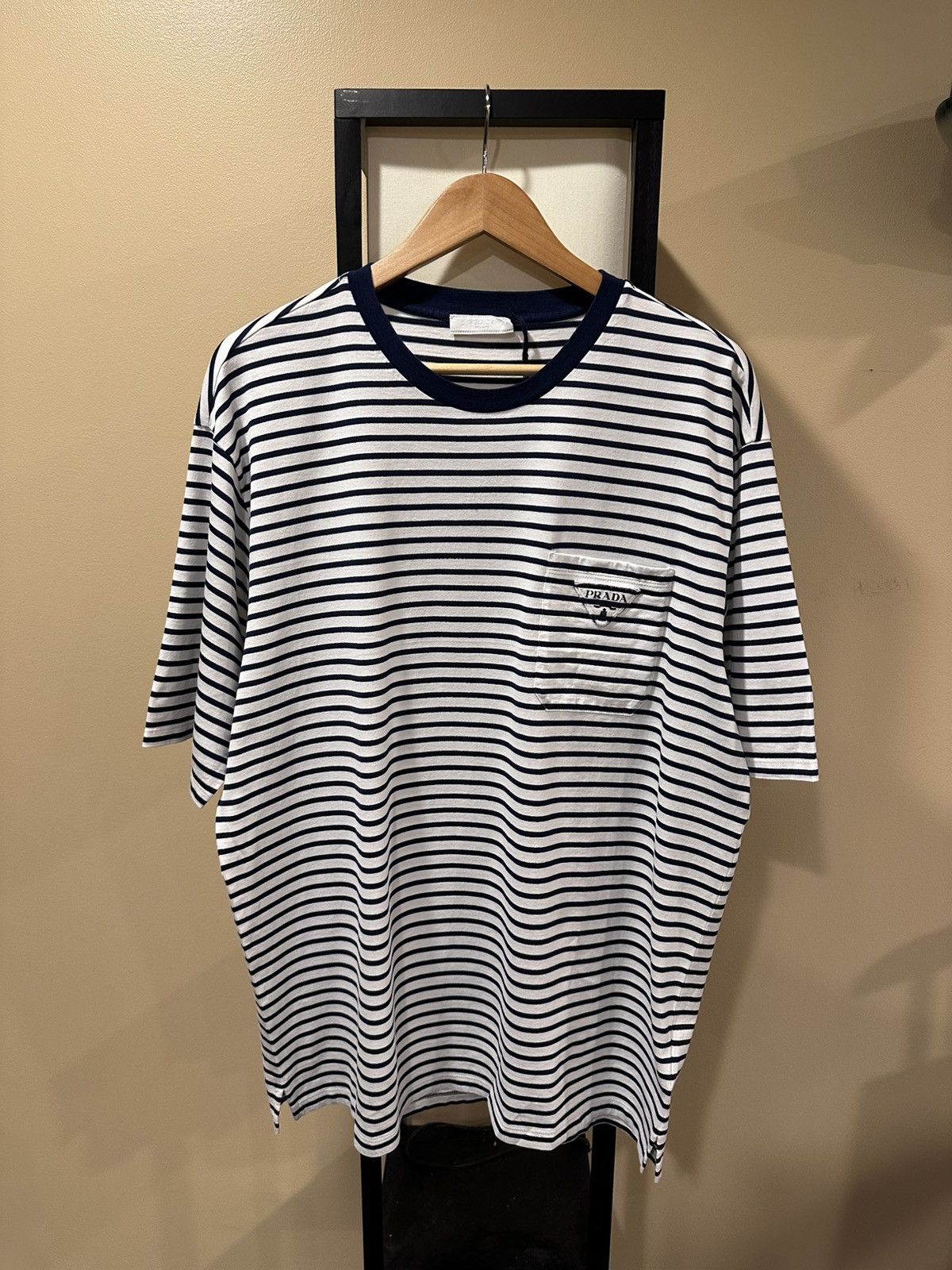 Prada Prada Striped Navy White Cotton Pocket Triangle Logo T-Shirt Size US XXL / EU 58 / 5 - 17 Thumbnail