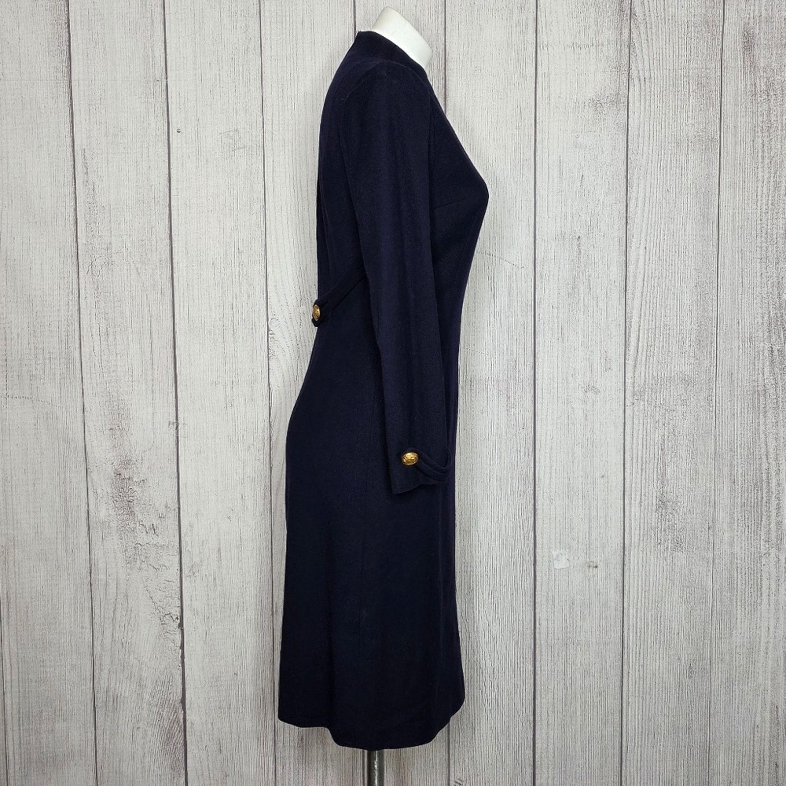 Vintage VTG 1960s Anne Fogarty Navy Wool Dress Gold Crest Buttons Size S / US 4 / IT 40 - 3 Thumbnail