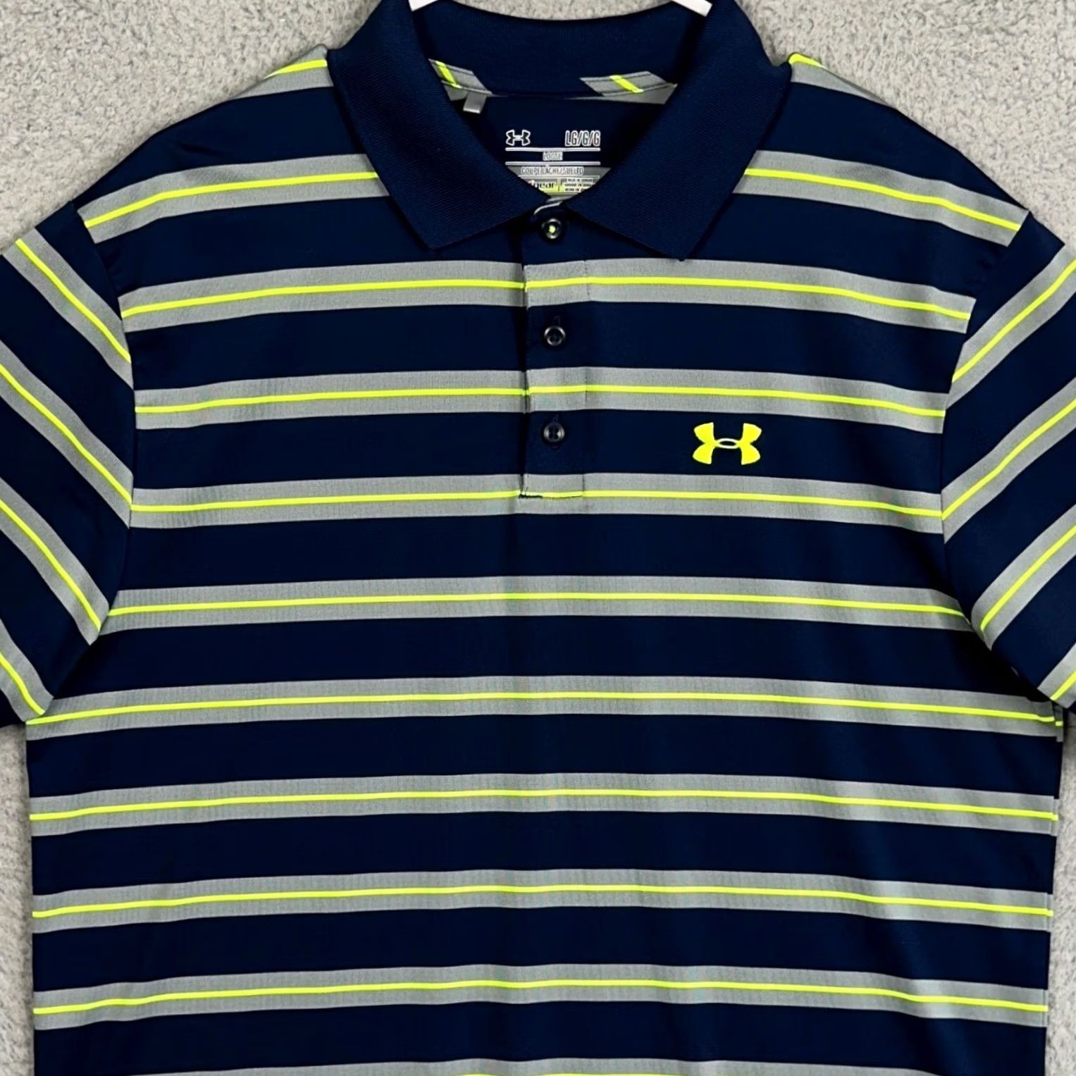 Under Armour Under Armour Polo Shirt Mens Large Blue Neon Green HeatGear Striped Golf Polo Shirt Mens Large Blue/Green HeatGear Size US L / EU 52-54 / 3 - 2 Thumbnail