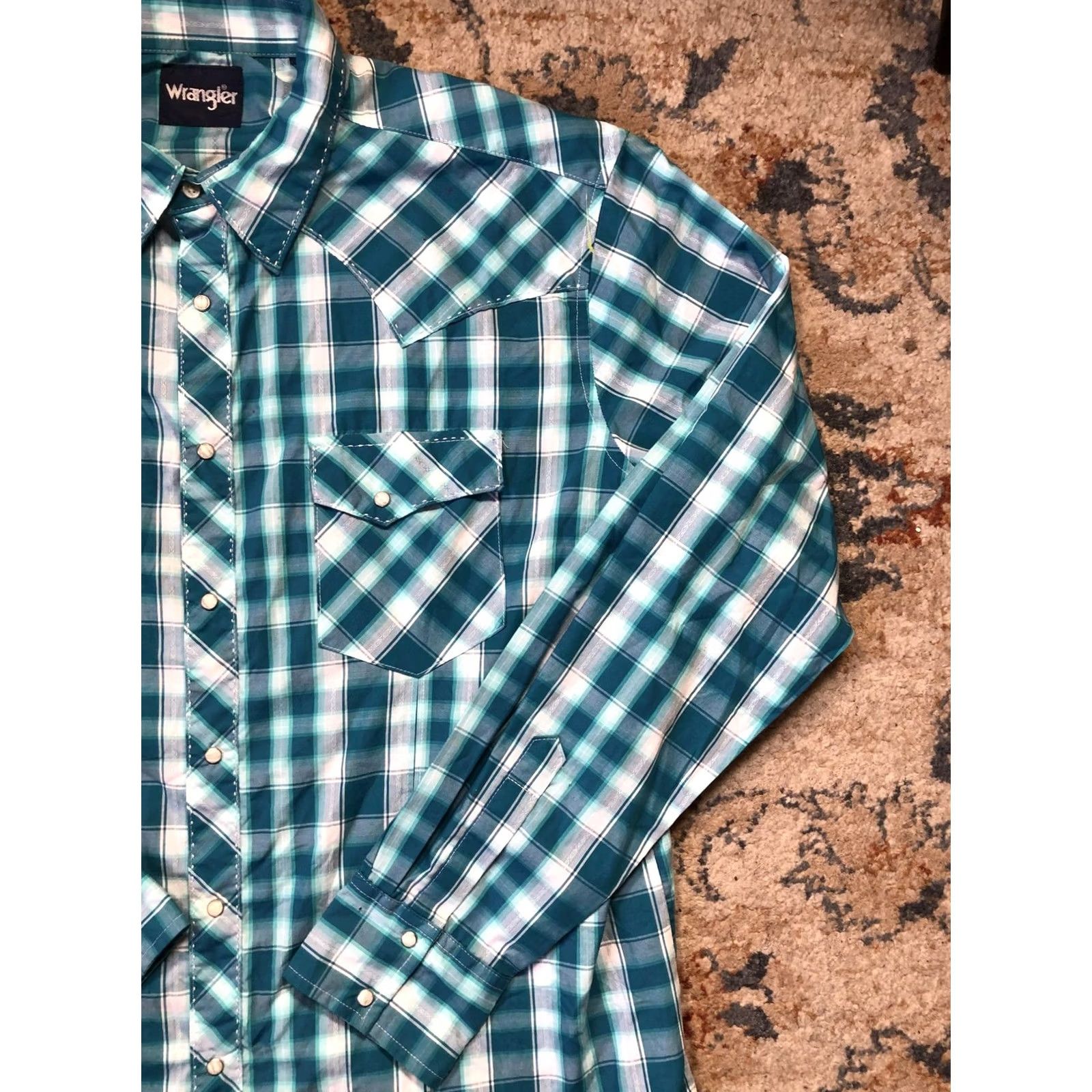 Wrangler Wrangler Shirt Mens 2XL Teal Blue Plaid Western Pearl Snap Long Sleeve Cowboy Size US XXL / EU 58 / 5 - 4 Thumbnail