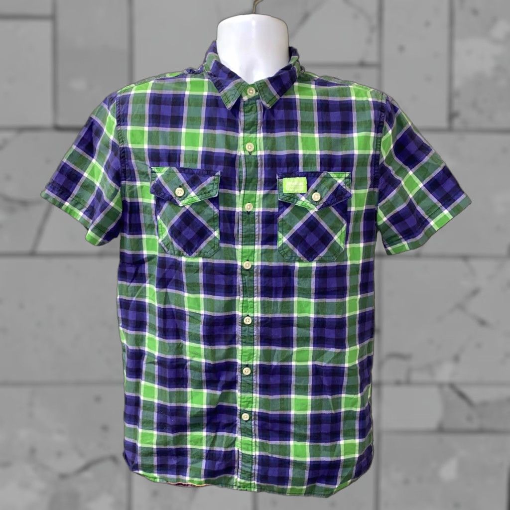 Superdry Superdry Shirt Men L Blue/Green Checkered Short Sleeve Button-Up Regular Collar Cotton Size US L / EU 52-54 / 3 - 1 Thumbnail