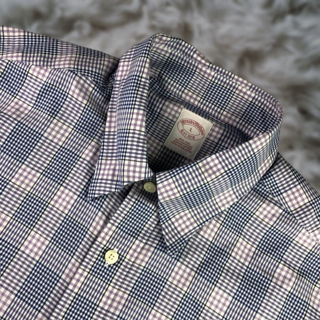Brooks Brothers Non-Iron Button Shirt Large Purple White Check Long Sleeve Mens