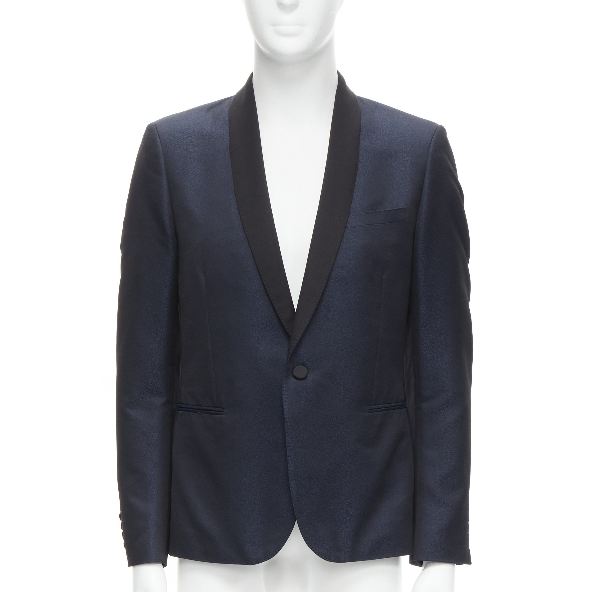 Saint Laurent Paris SAINT LAURENT navy metallic textured satin shawl tuxedo blazer EU50 L Size 50R - 1 Thumbnail