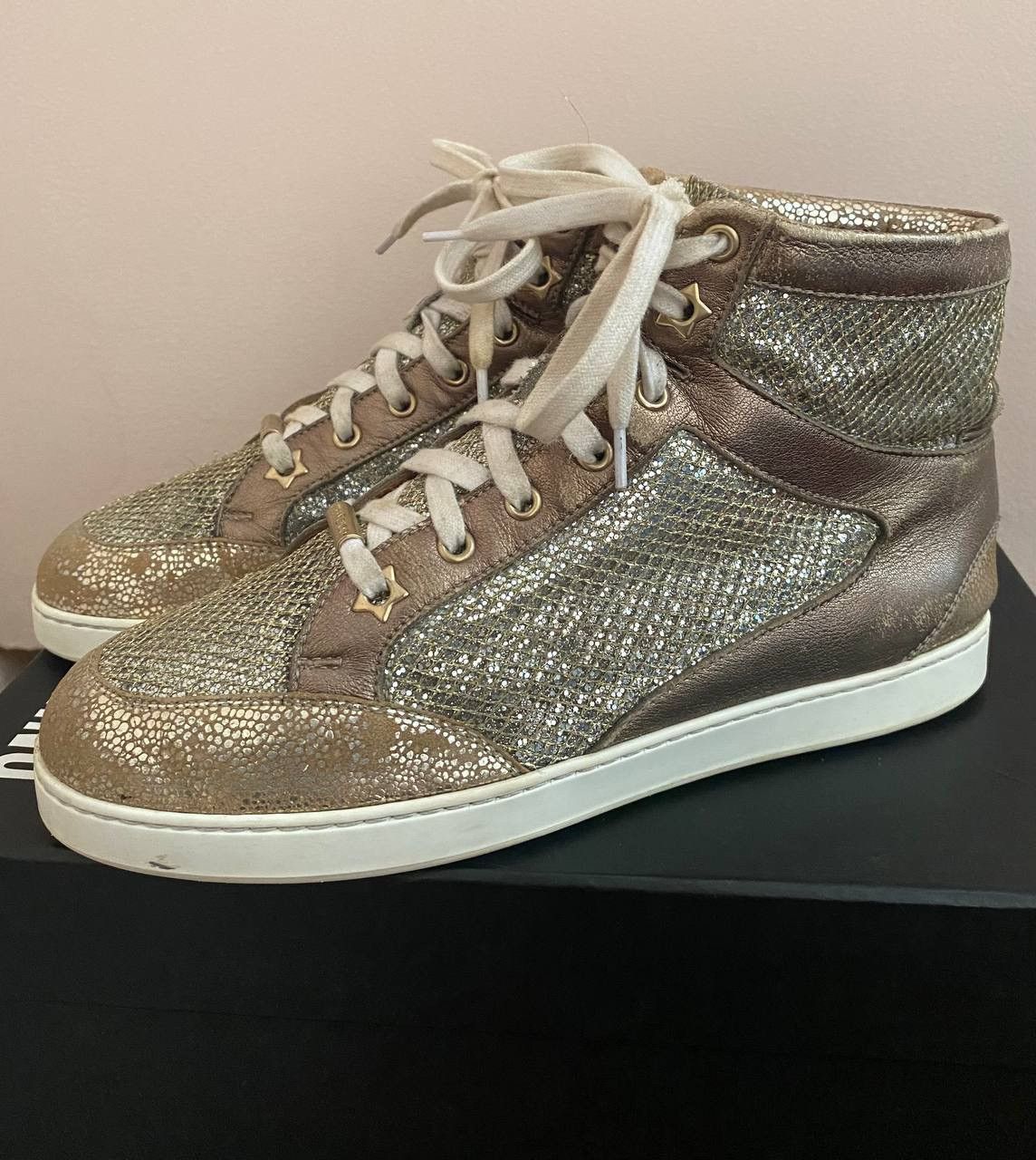 Jimmy Choo Jimmy Choo Metallic Gold Leather And Glitter Miami High Top Size US 8 / IT 38 - 5 Thumbnail
