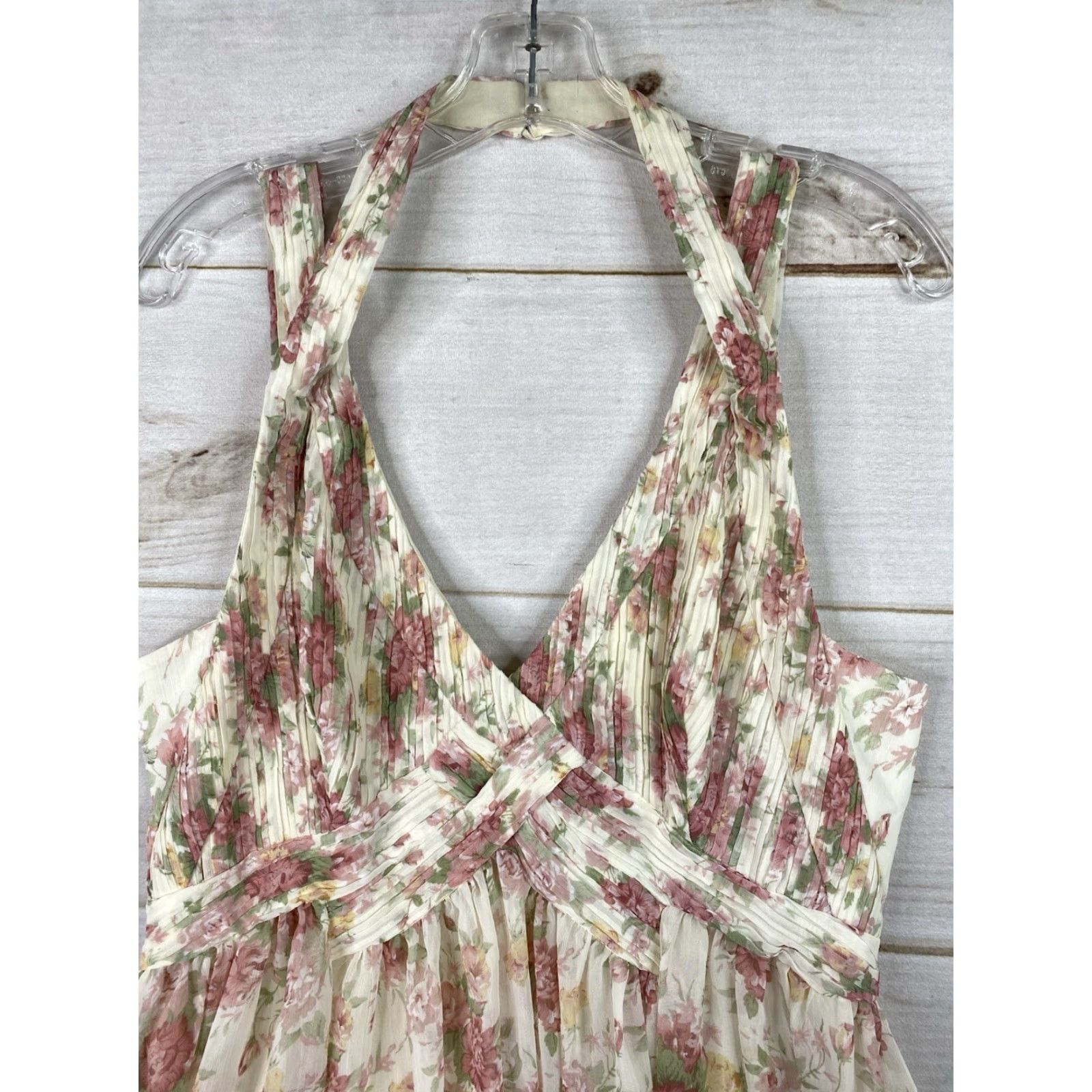 CO Ark & Co. Anthropologie Dress Women L Cream Floral Rose Pintuck Sleeveless Halter Dress Size L / US 10 / IT 46 - 2 Thumbnail